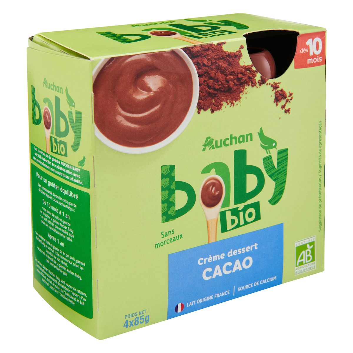 AUCHAN BABY BIO Gourde crème dessert saveur cacao dès 10 mois 4x85g