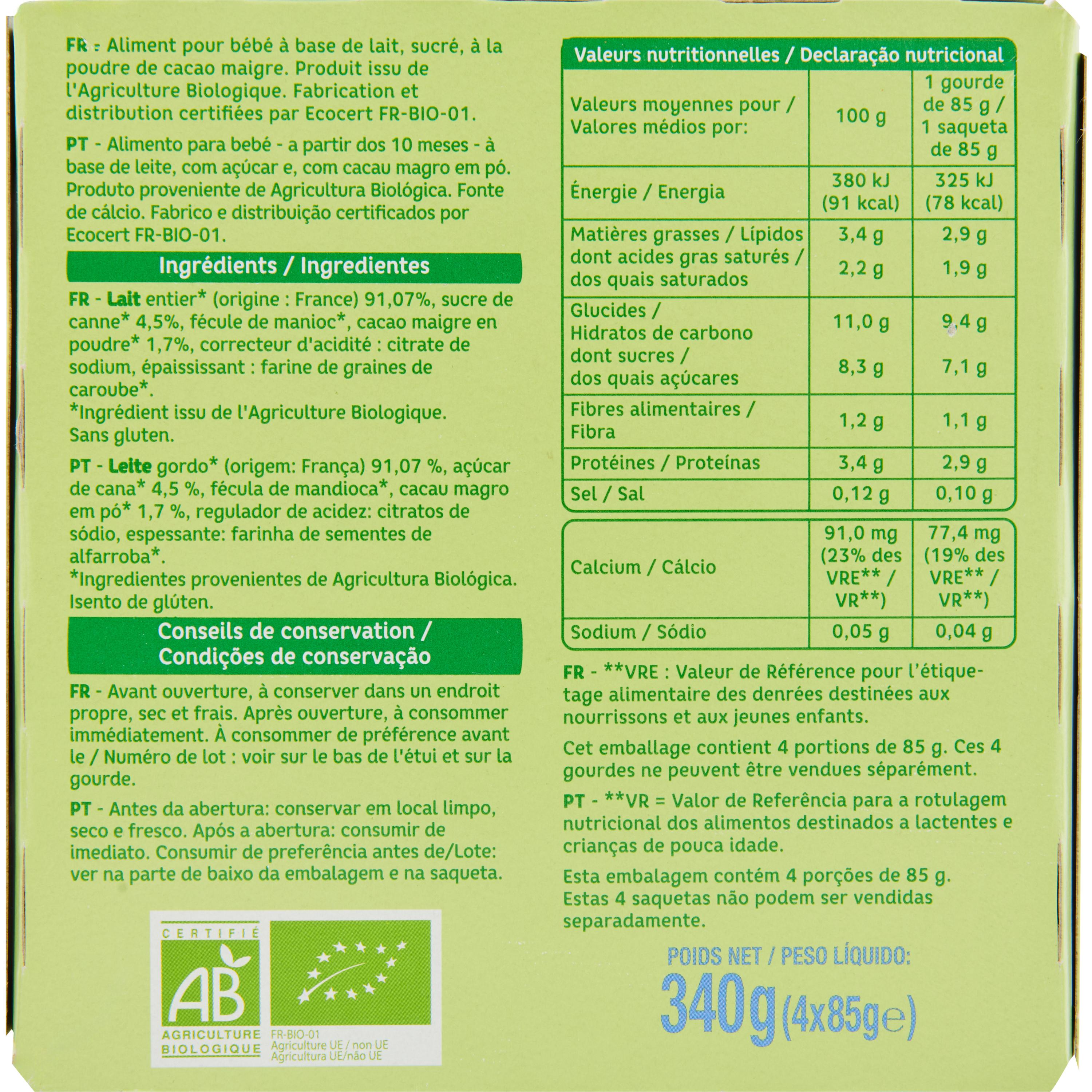 Voir la diapositive 4 : AUCHAN BABY BIO Gourde crème dessert saveur cacao dès 6 mois 4x85g