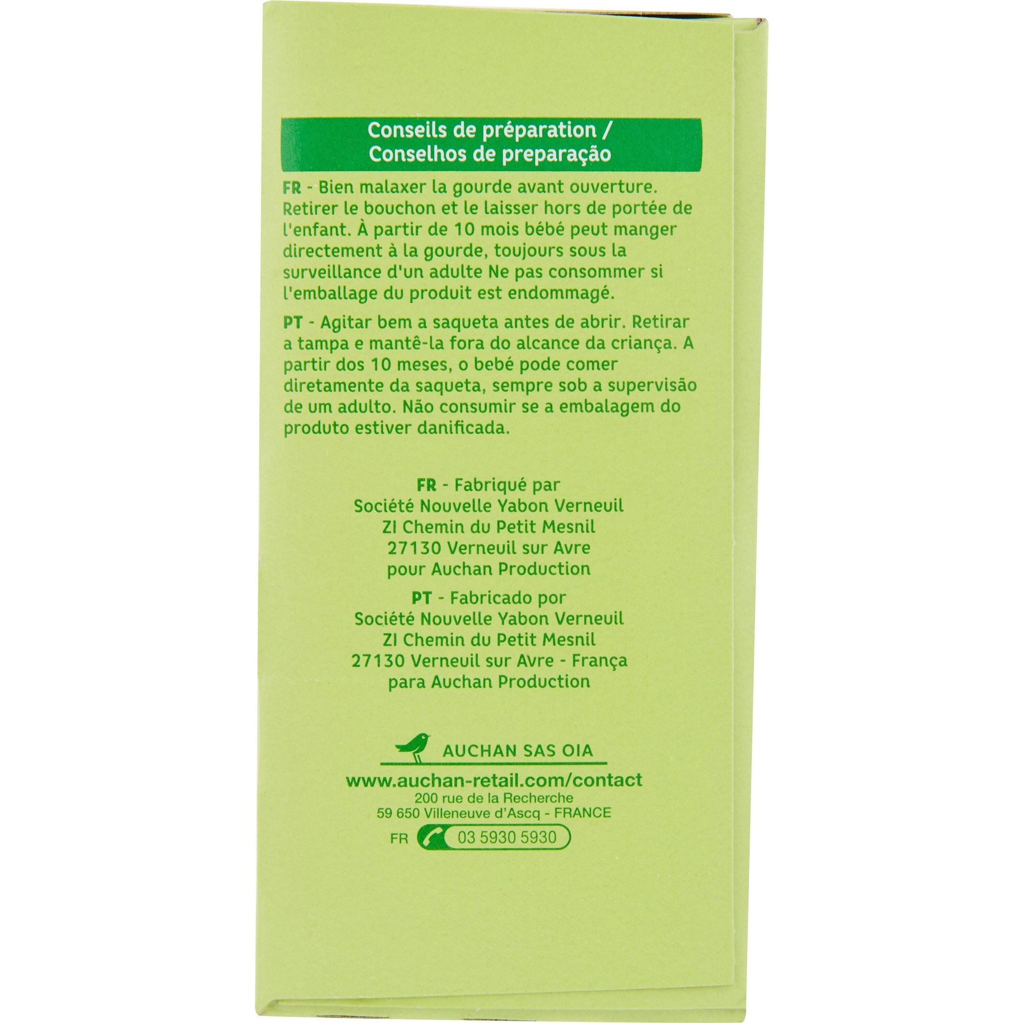 Voir la diapositive 4 : AUCHAN BABY BIO Gourde crème dessert saveur cacao dès 10 mois 4x85g