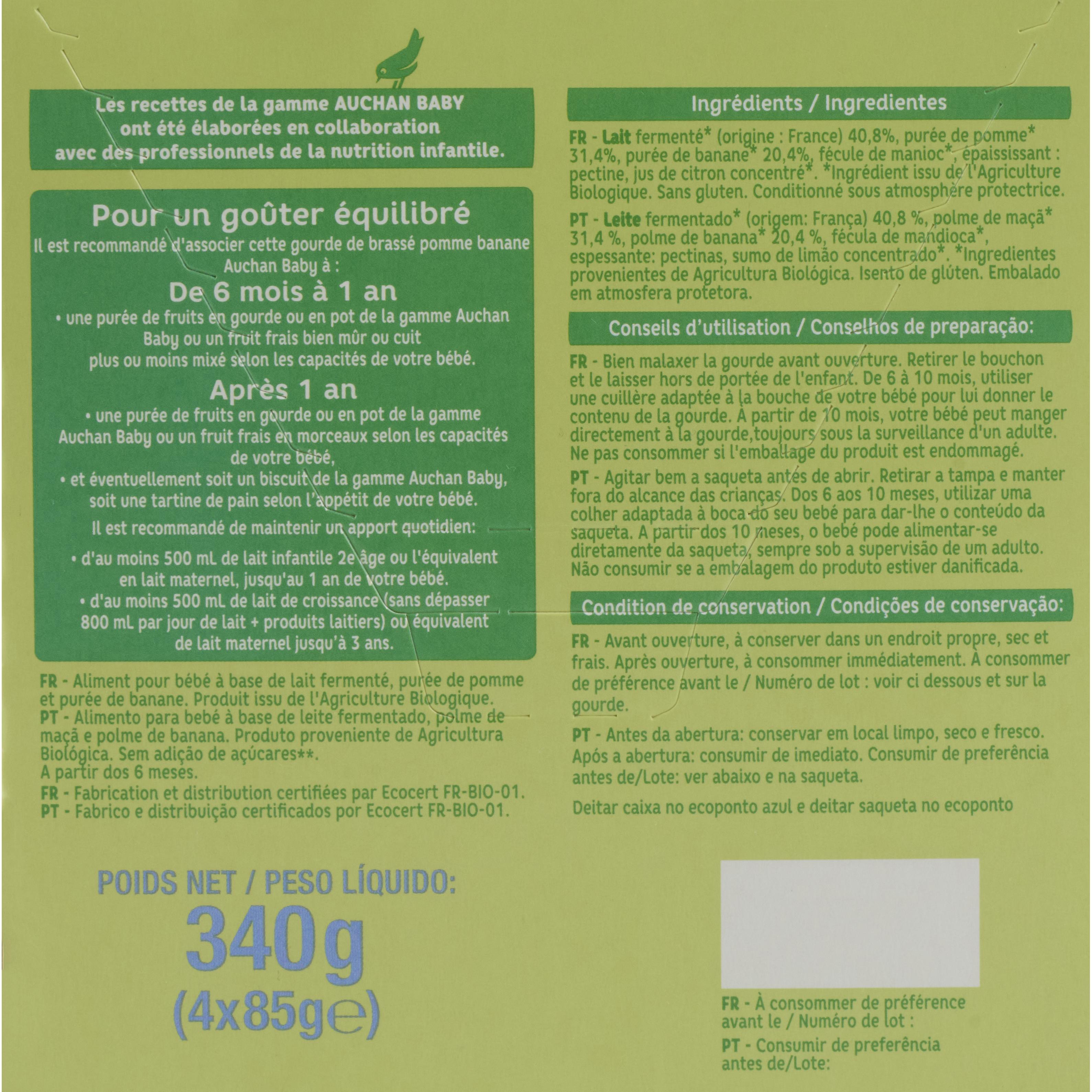 Voir la diapositive 3 : AUCHAN BABY BIO Gourdes brassé pomme banane dès 6 mois 4x85g