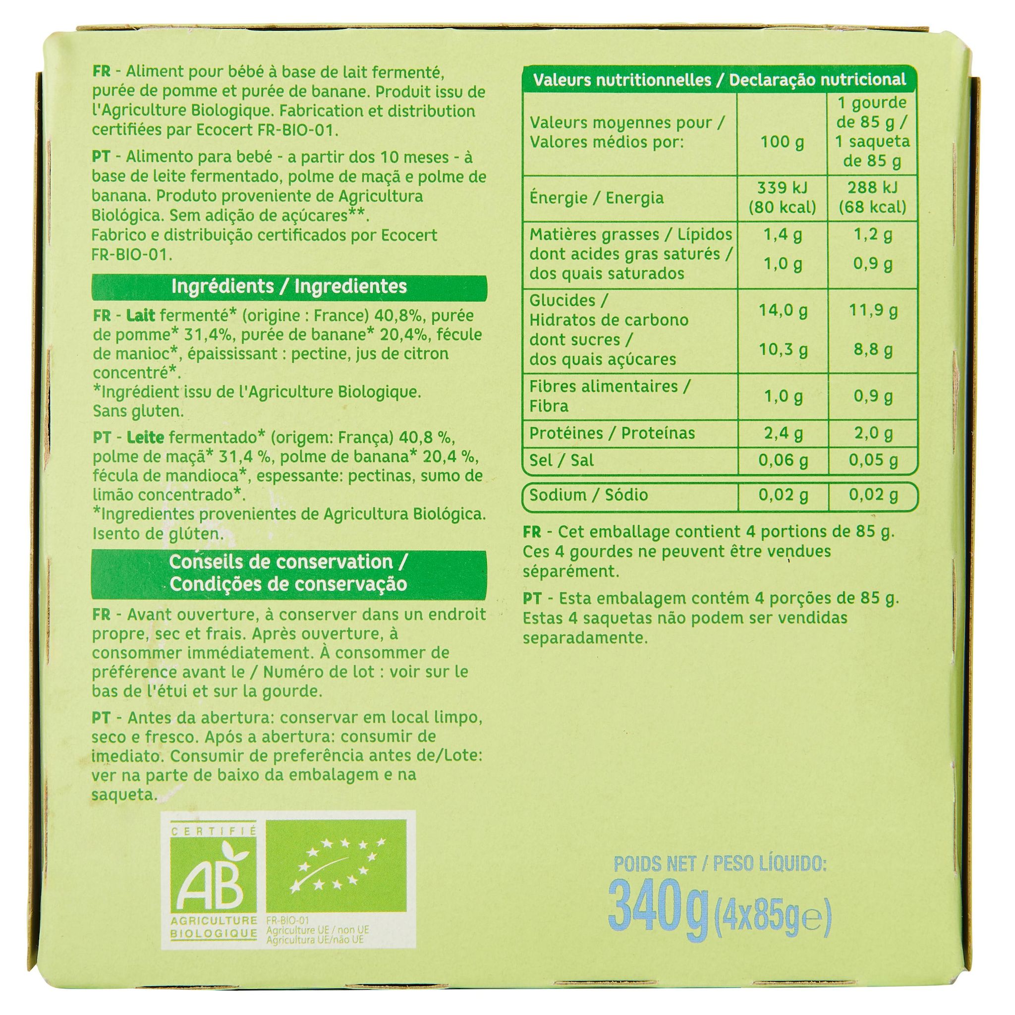 Voir la diapositive 3 : AUCHAN BABY BIO Gourdes brassé pomme banane dès 10 mois 4x85g