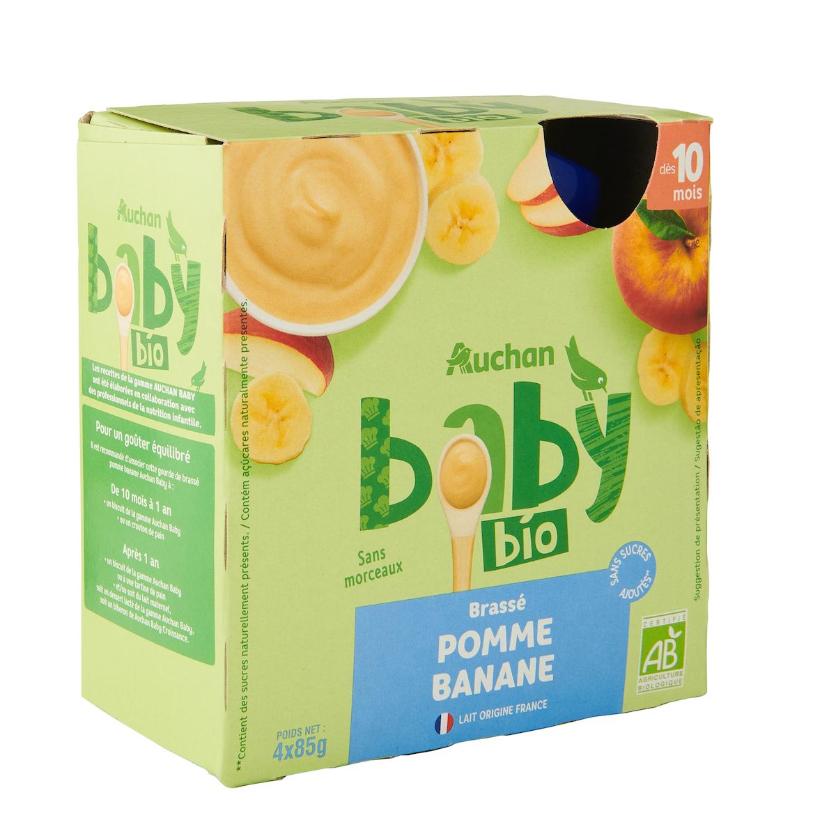 AUCHAN BABY BIO Gourdes brassé pomme banane dès 10 mois 4x85g