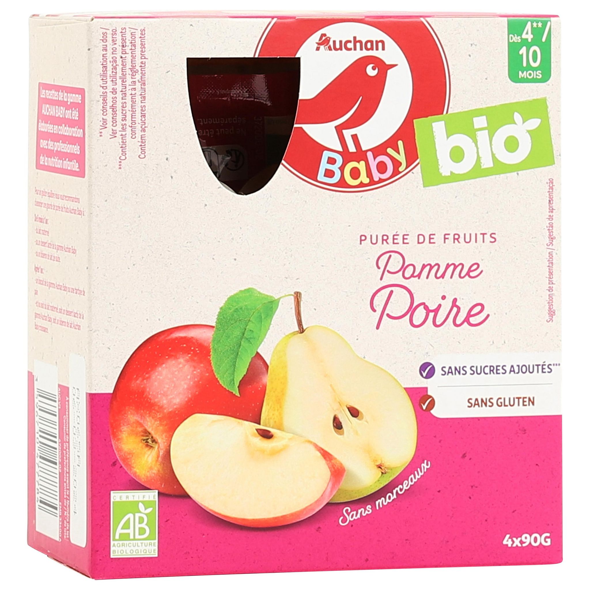 Voir la diapositive 2 : AUCHAN BABY BIO Gourde pomme poire bio dès 6 mois 4x90g