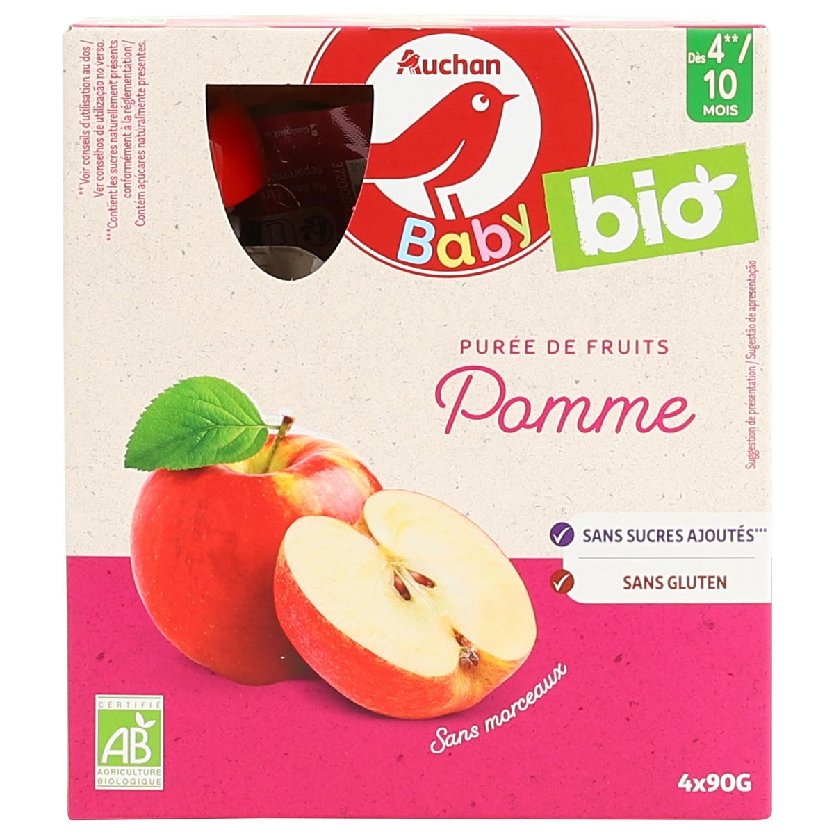 AUCHAN BABY BIO Gourde purée de fruits à la pomme bio dès 6 mois 4x90g