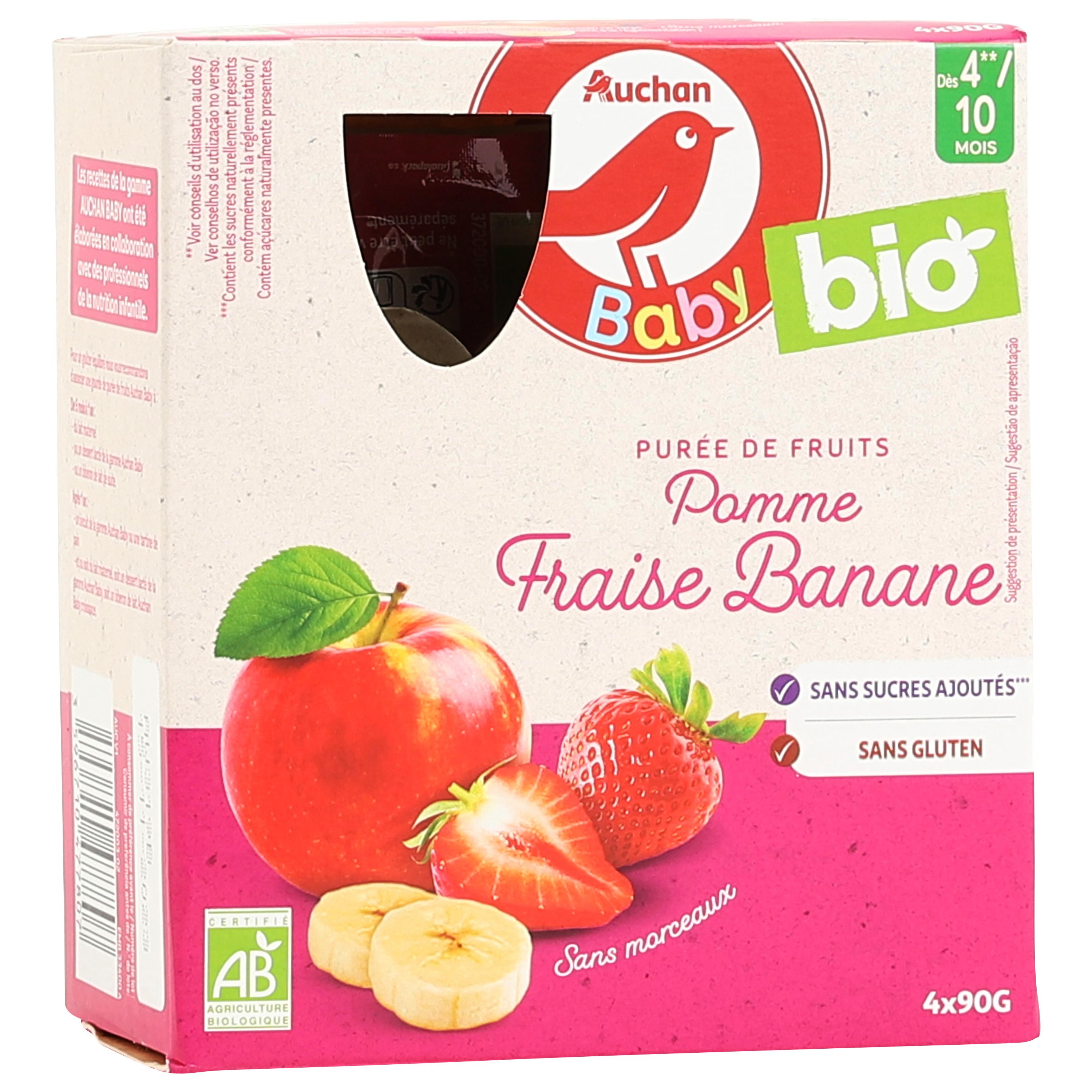 Voir la diapositive 2 : AUCHAN BABY BIO Gourde dessert pomme fraise banane dès 4 mois 4x90g
