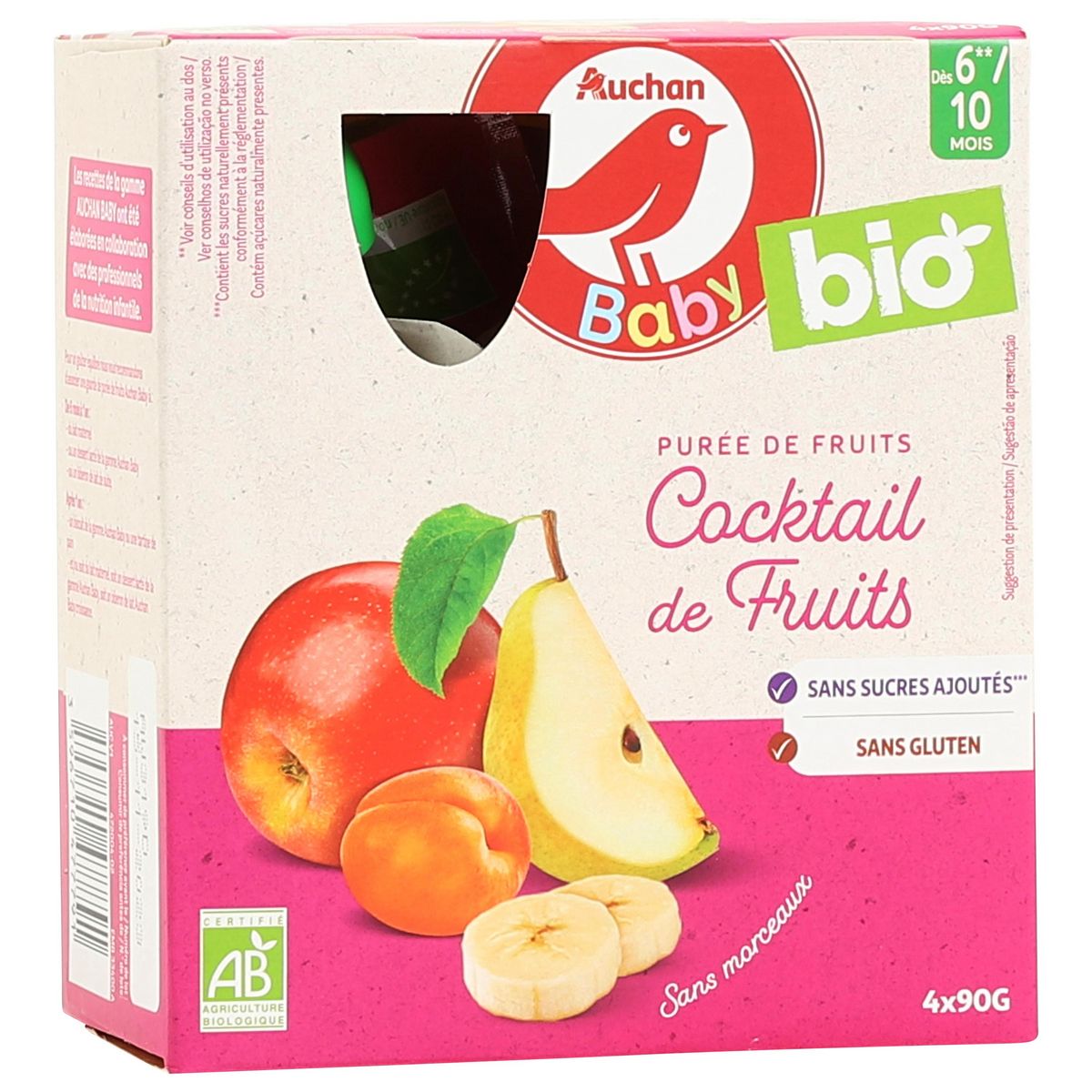 AUCHAN BABY BIO Gourde purée de fruits cocktail dès 6 mois 4x90g