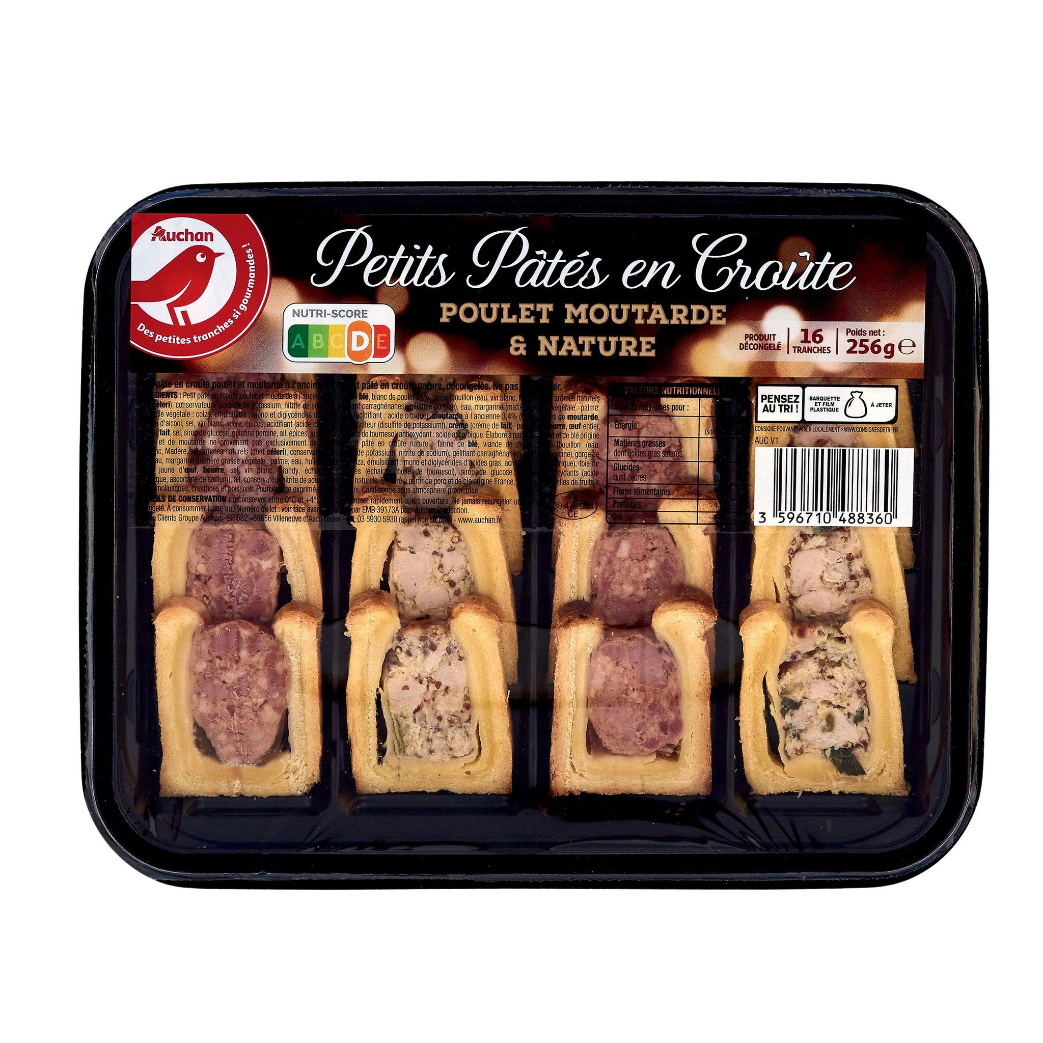 Voir la diapositive 2 : AUCHAN Pâtés en croutes poulet moutarde et nature 16 tranches 254g