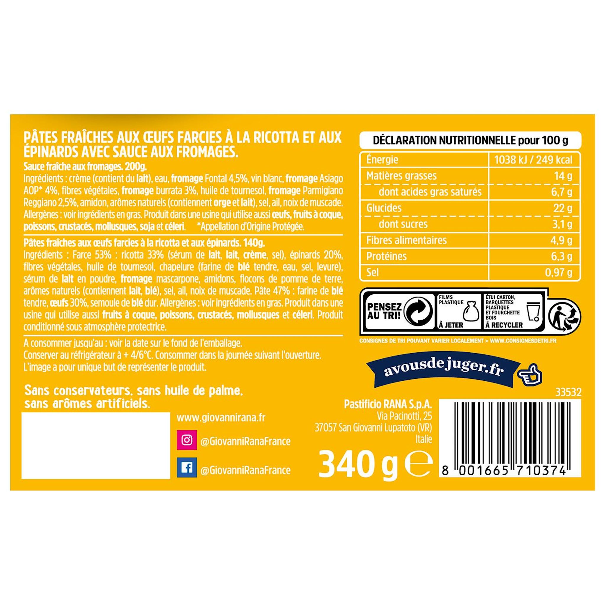 Voir la diapositive 2 : RANA Frais Minute Tortellini ricotta et épinards aux fromages 1 part 340g