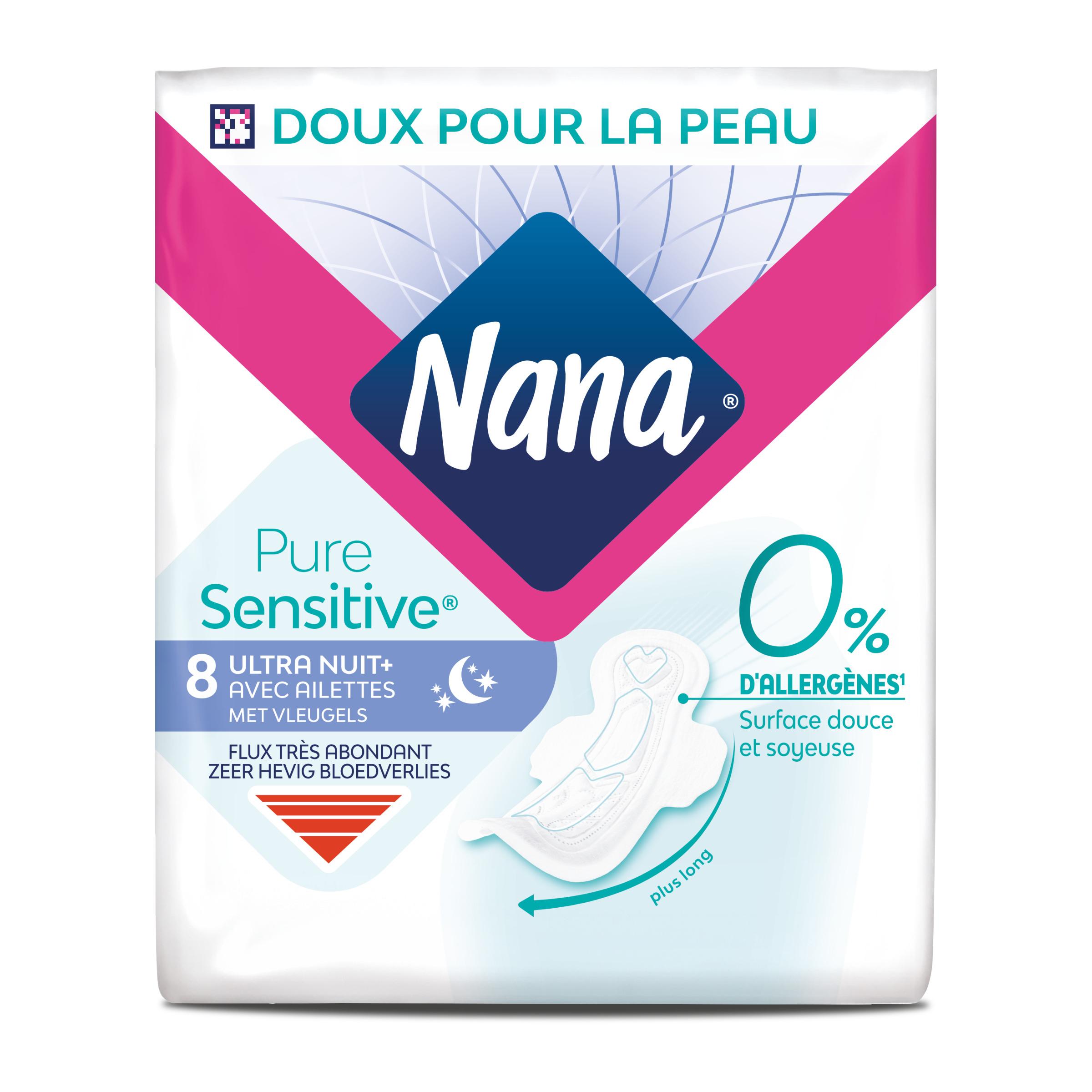NANA Pure Sensitive Serviettes hygiéniques avec ailettes flux très abondant 8 serviettes