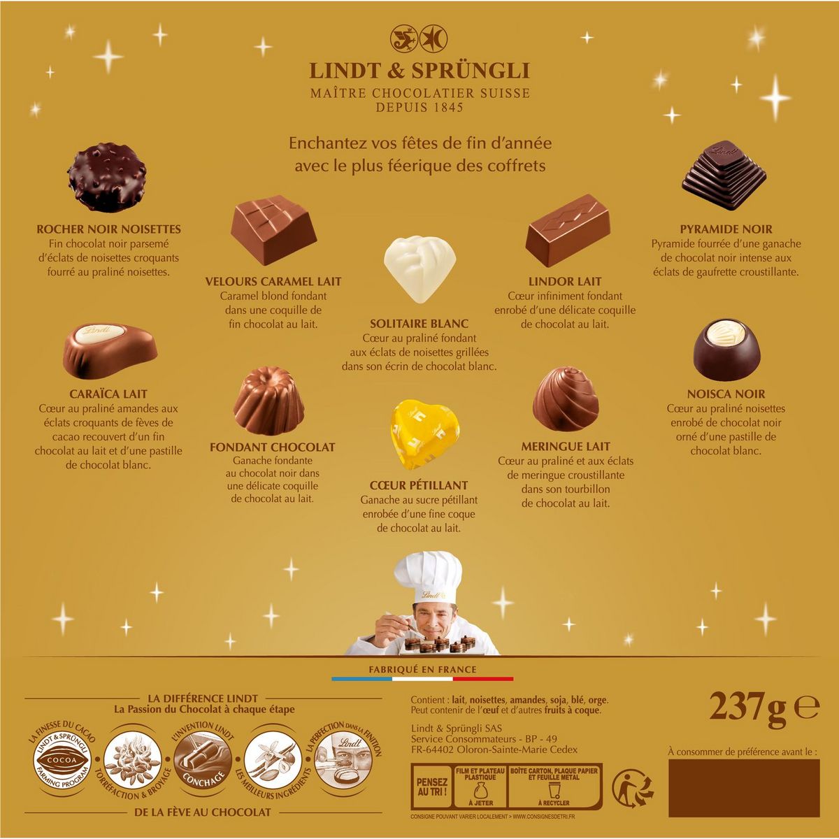 LINDT Assortiment de bouchées de chocolats extra fins au lait noirs et blancs fourrés 22 pièces 237g
