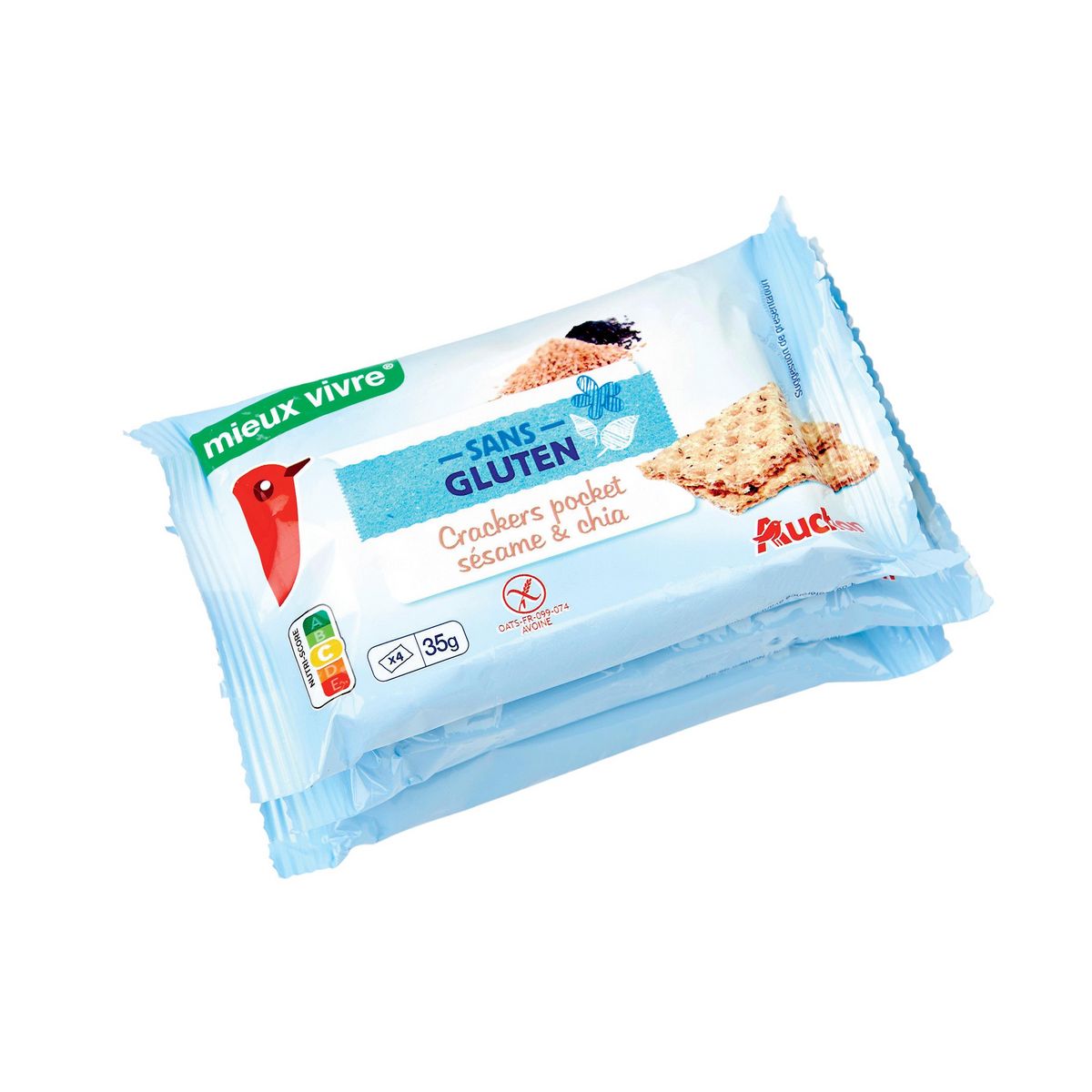 AUCHAN Crackers pocket sésame & chia sans gluten 4 sachets 4x35g