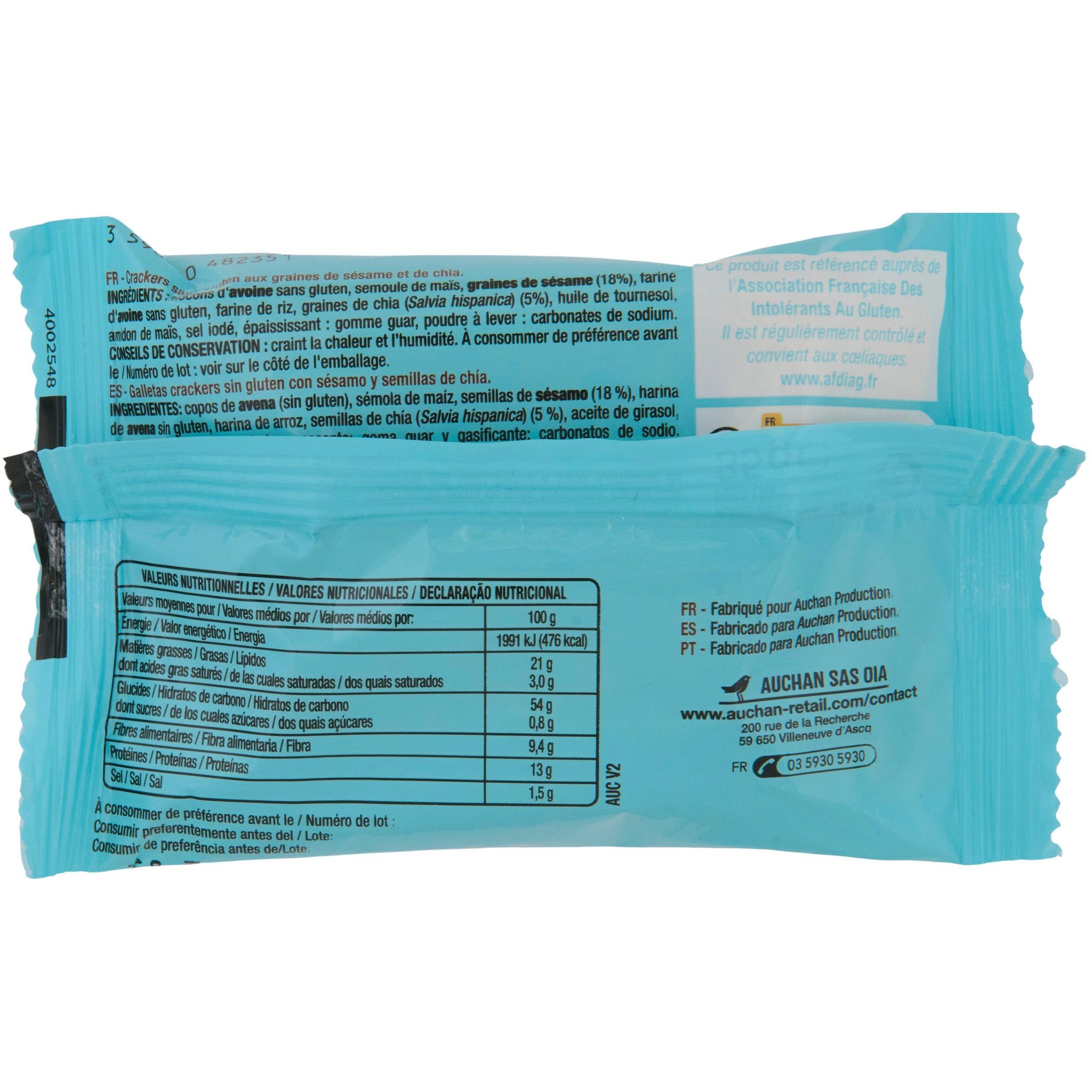 Voir la diapositive 2 : AUCHAN Crackers pocket sésame & chia sans gluten 4 sachets 4x35g