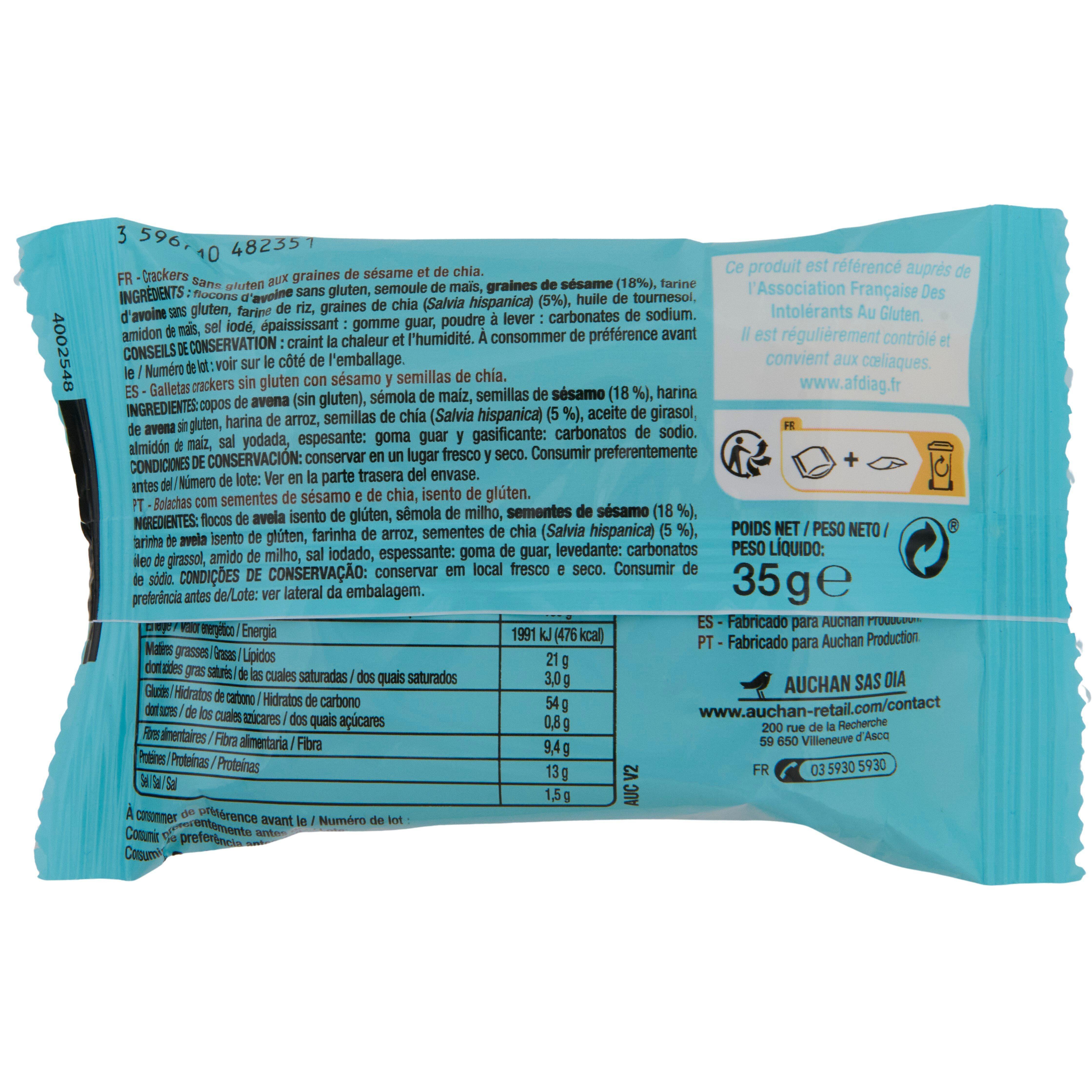 Voir la diapositive 3 : AUCHAN Crackers pocket sésame & chia sans gluten 4 sachets 4x35g