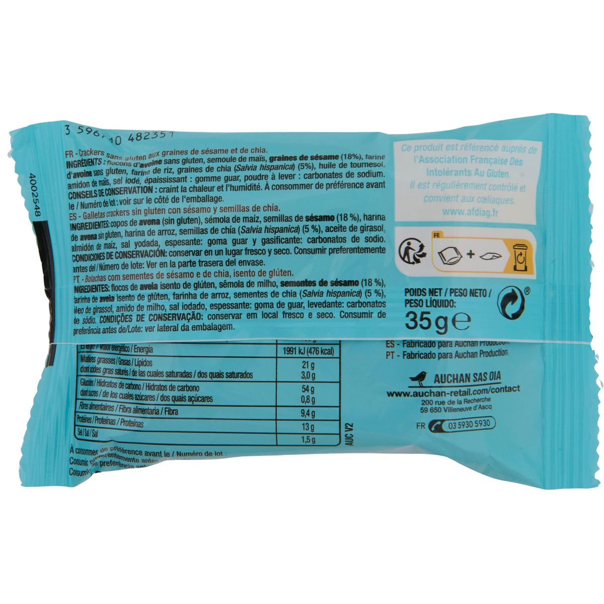 AUCHAN Crackers pocket sésame & chia sans gluten 4 sachets 4x35g