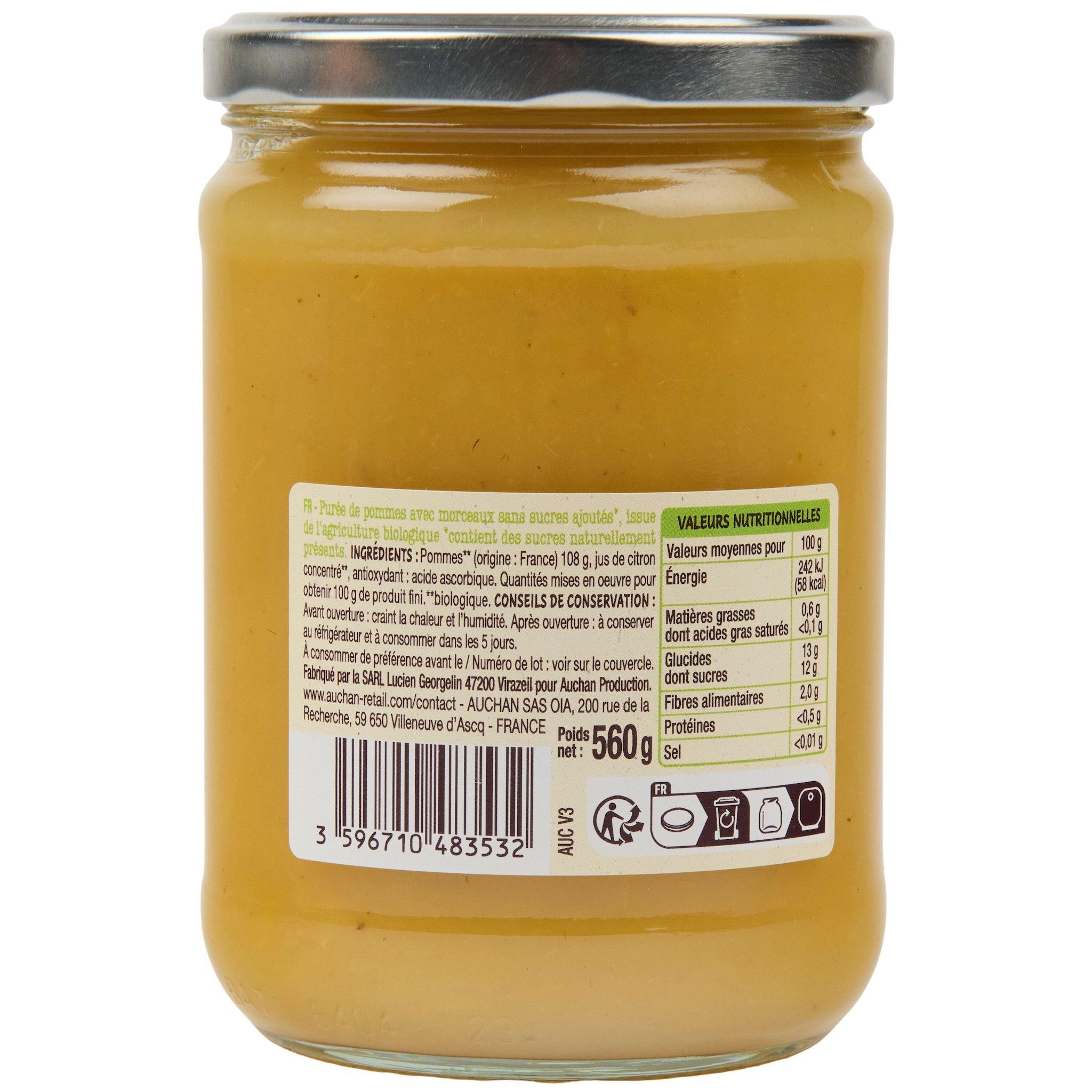 Voir la diapositive 2 : AUCHAN BIO Purée de pomme en morceaux sans sucres ajoutés bocal 560g