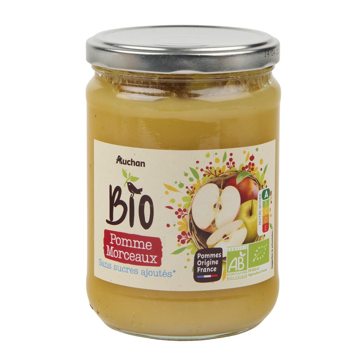 AUCHAN BIO Purée de pomme en morceaux sans sucres ajoutés bocal 560g