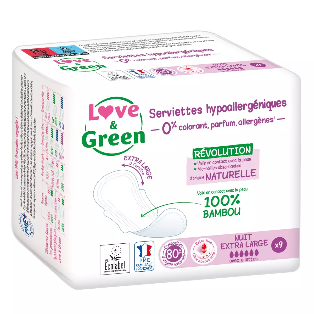 LOVE & GREEN Serviettes hygiénique hypoallergénique nuit  9 pièces 