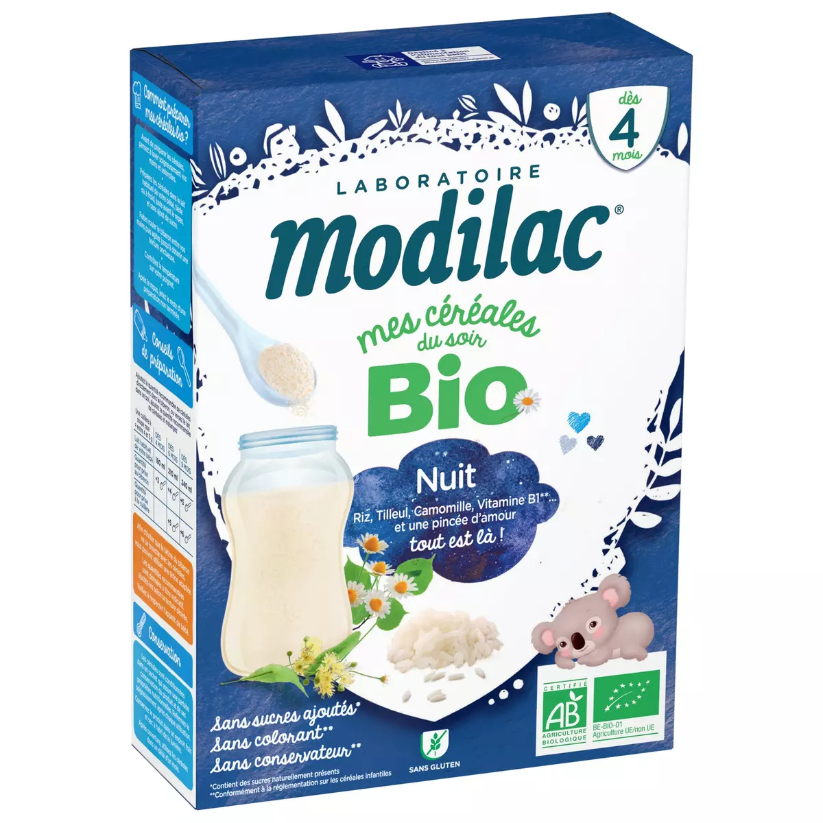 MODILAC Céréales nuit riz tilleul camomille et vitamine B1 des 4mois bio 250g