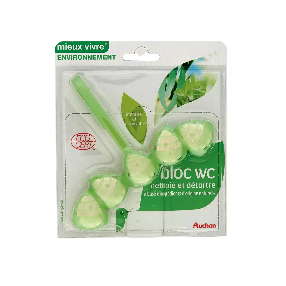 AUCHAN MIEUX VIVRE Bloc WC nettoie et détartre menthe et eucalyptus 1 bloc