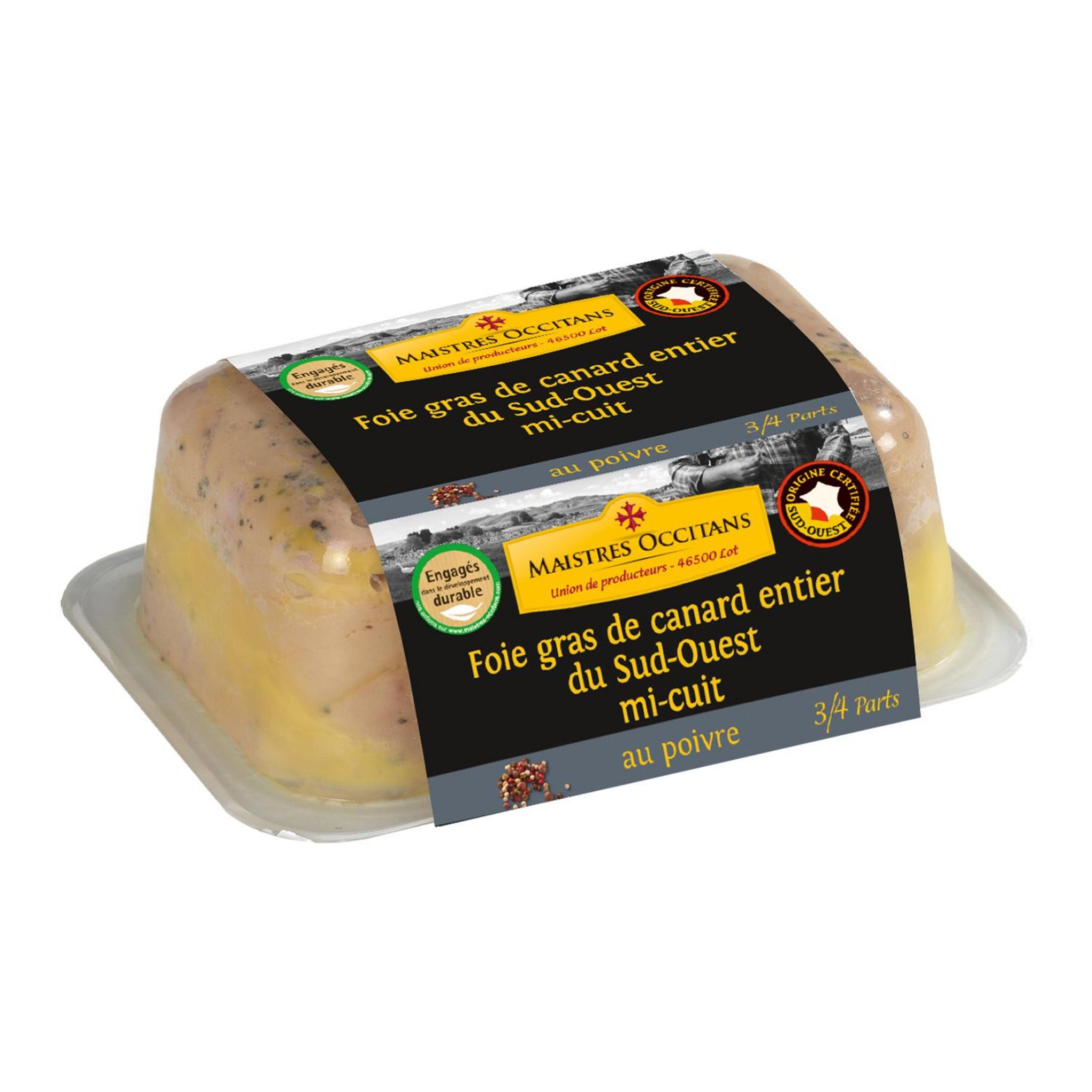 MAISTRES OCCITANS Foie gras de canard entier du Sud-Ouest mi-cuit au poivre en barquette 3/4 parts 150g
