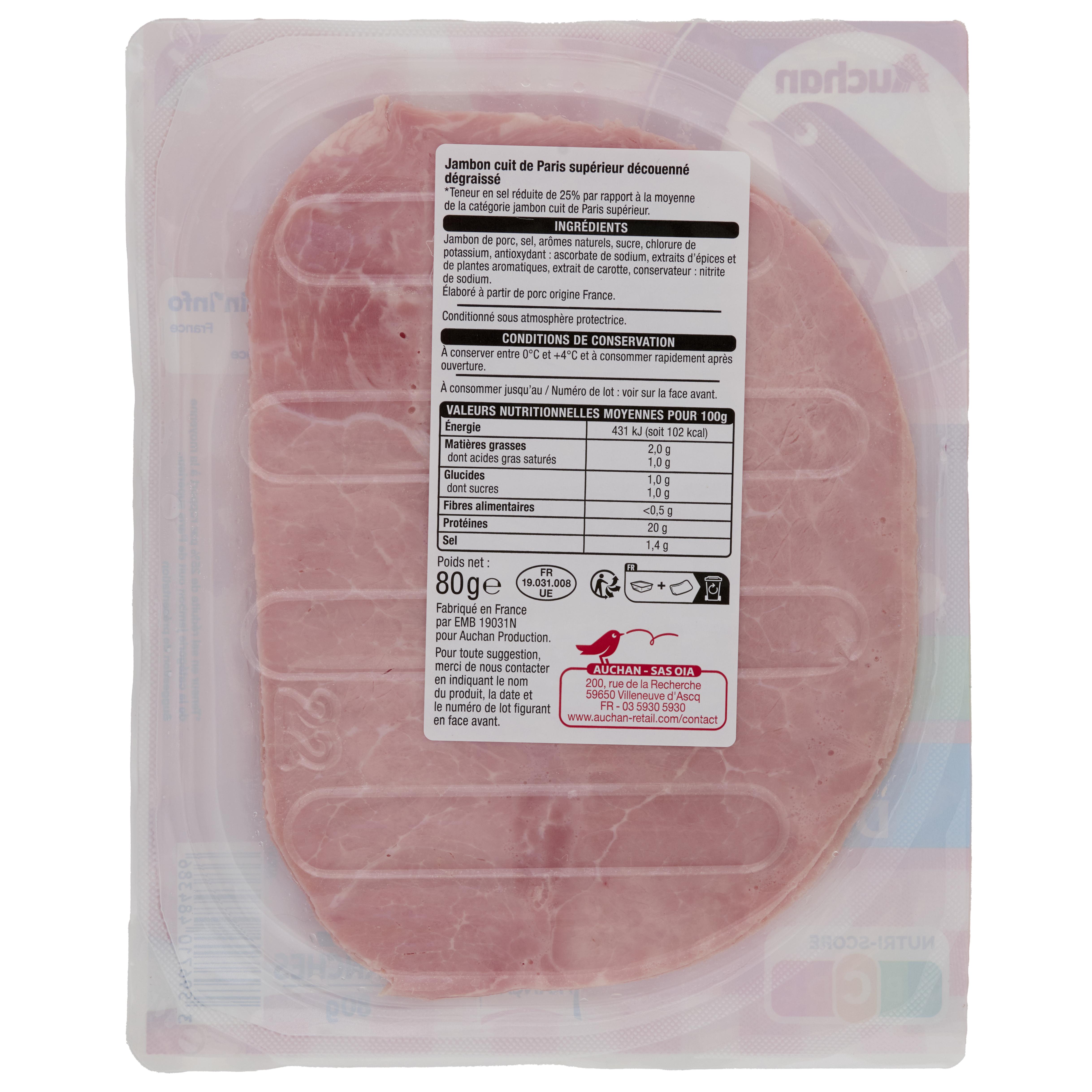 Voir la diapositive 2 : AUCHAN Jambon de Paris réduit en sel 2 tranches 80g