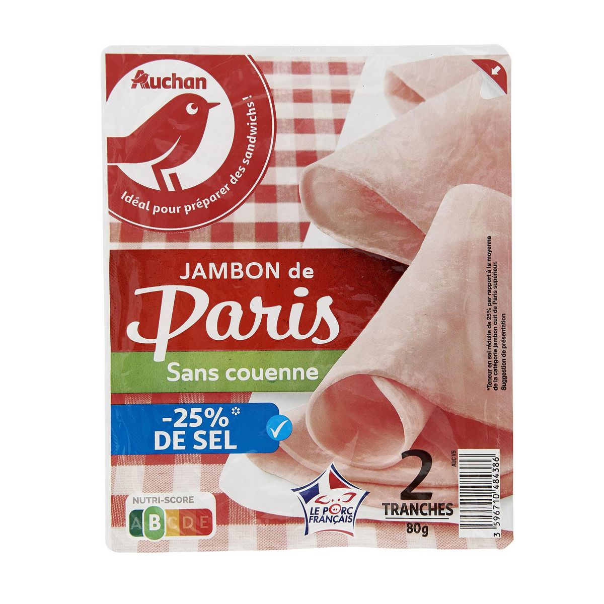 AUCHAN Jambon de Paris réduit en sel 2 tranches 80g