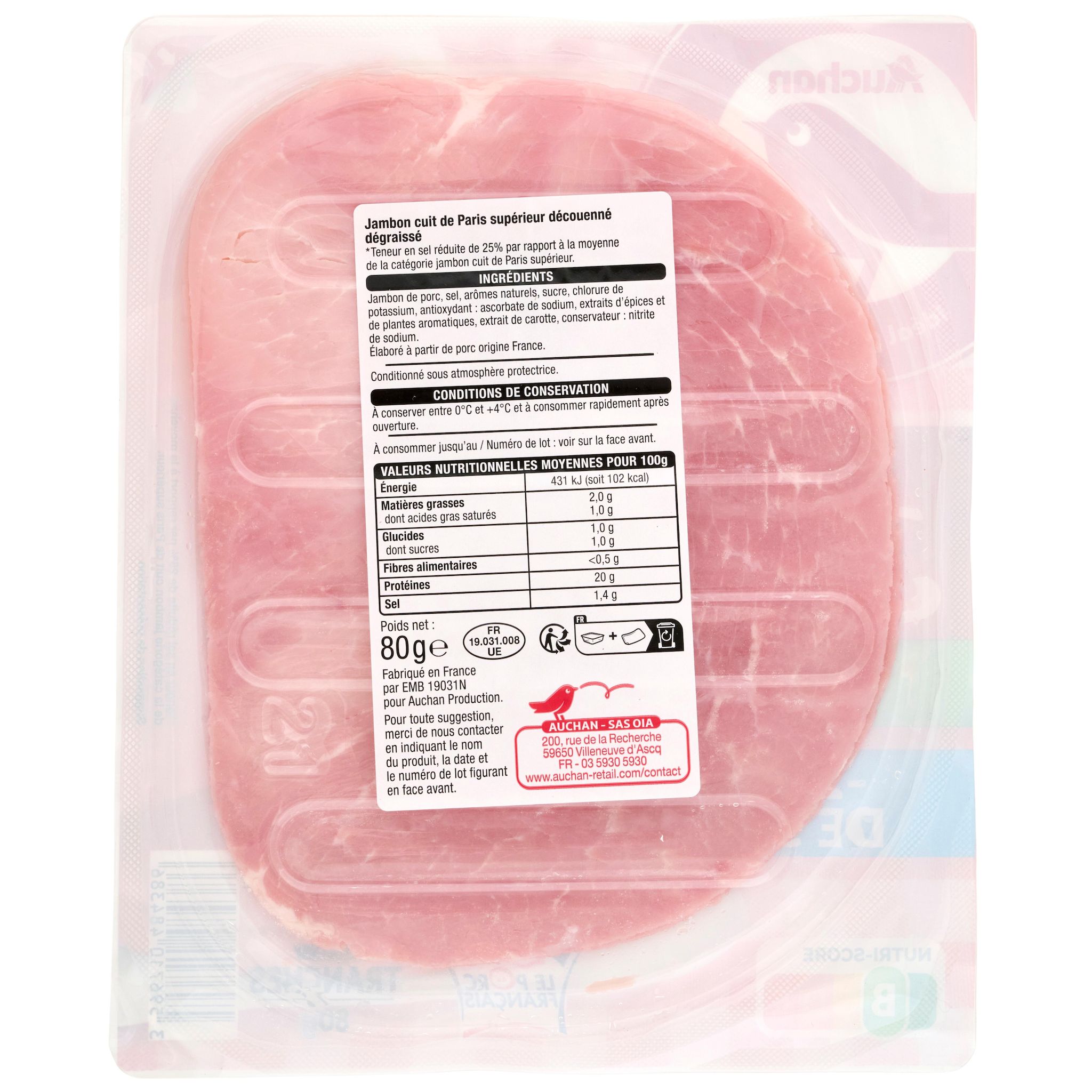 Voir la diapositive 2 : AUCHAN Jambon de Paris réduit en sel 2 tranches 80g