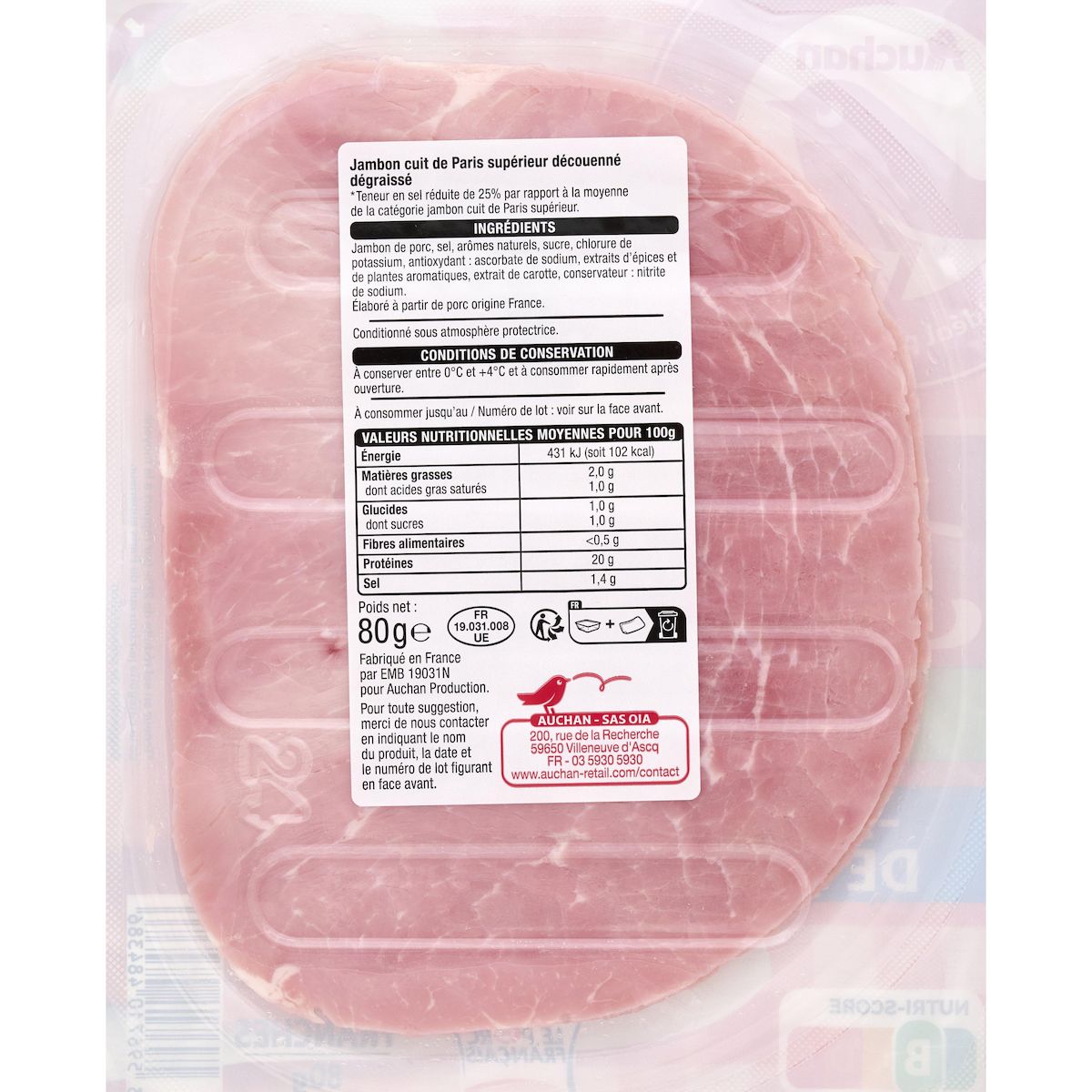 AUCHAN Jambon de Paris réduit en sel 2 tranches 80g