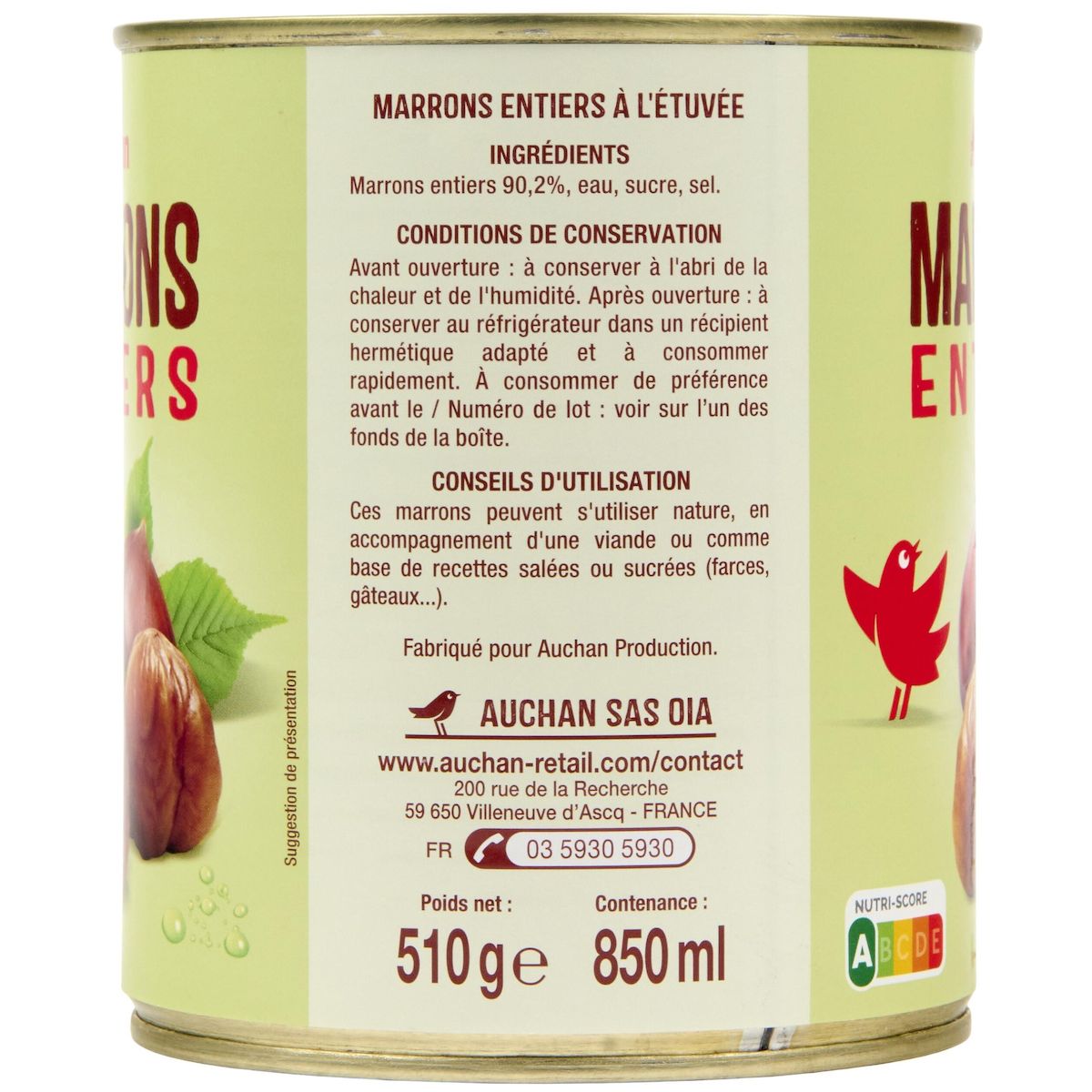 AUCHAN Marrons entiers à l'étuvée 510g