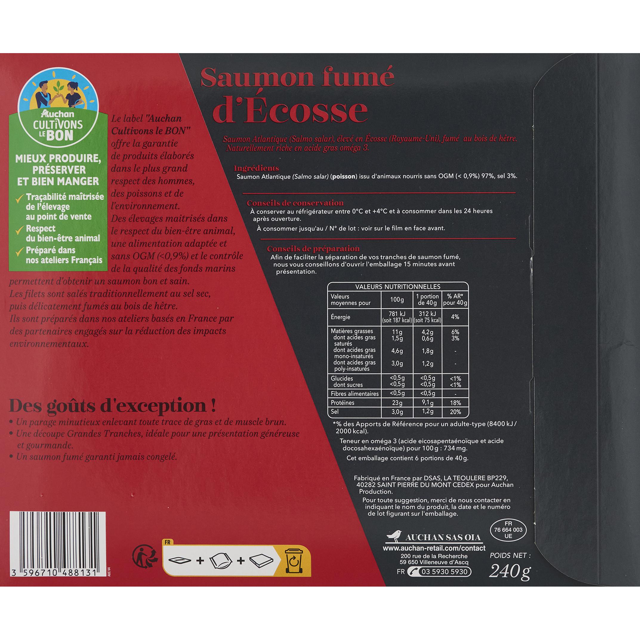 Voir la diapositive 2 : AUCHAN COLLECTION CULTIVONS LE BON Saumon fumé d'Ecosse au bois de hêtre 6 tranches 240g