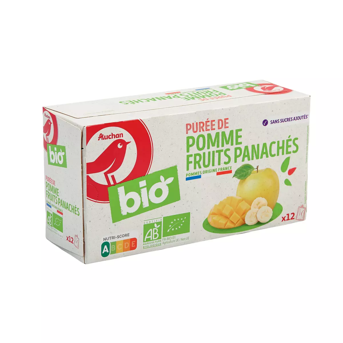 AUCHAN BIO Gourdes purée pomme fruits panachés sans sucres ajoutés bio 12x90g