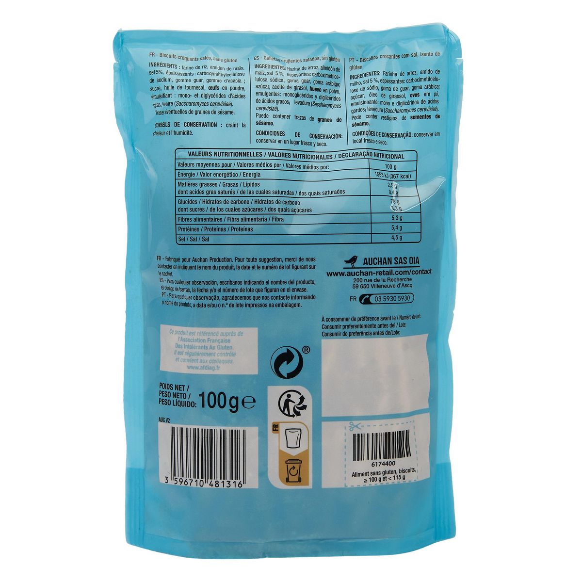 AUCHAN Mini sticks salés sans gluten 100g