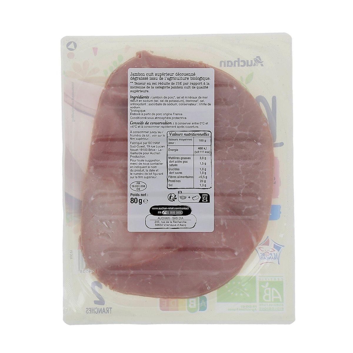 AUCHAN BIO Jambon de Paris réduit en sel bio 2 tranches 80g
