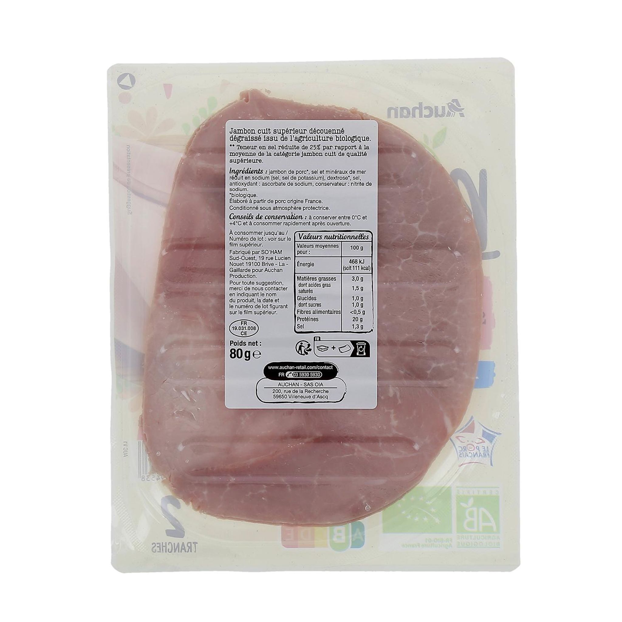 Voir la diapositive 2 : AUCHAN BIO Jambon de Paris réduit en sel bio 2 tranches 80g