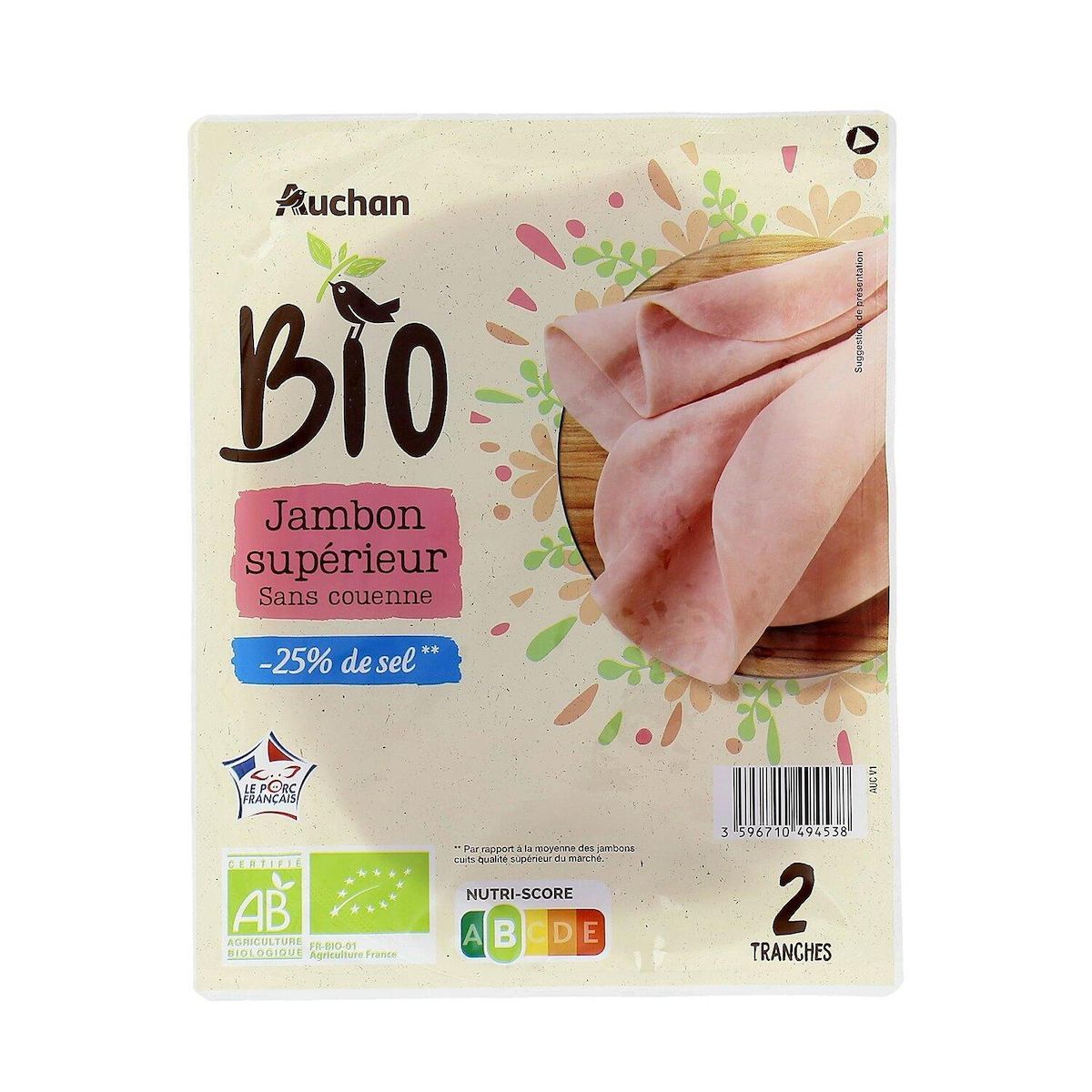 AUCHAN BIO Jambon de Paris réduit en sel bio 2 tranches 80g