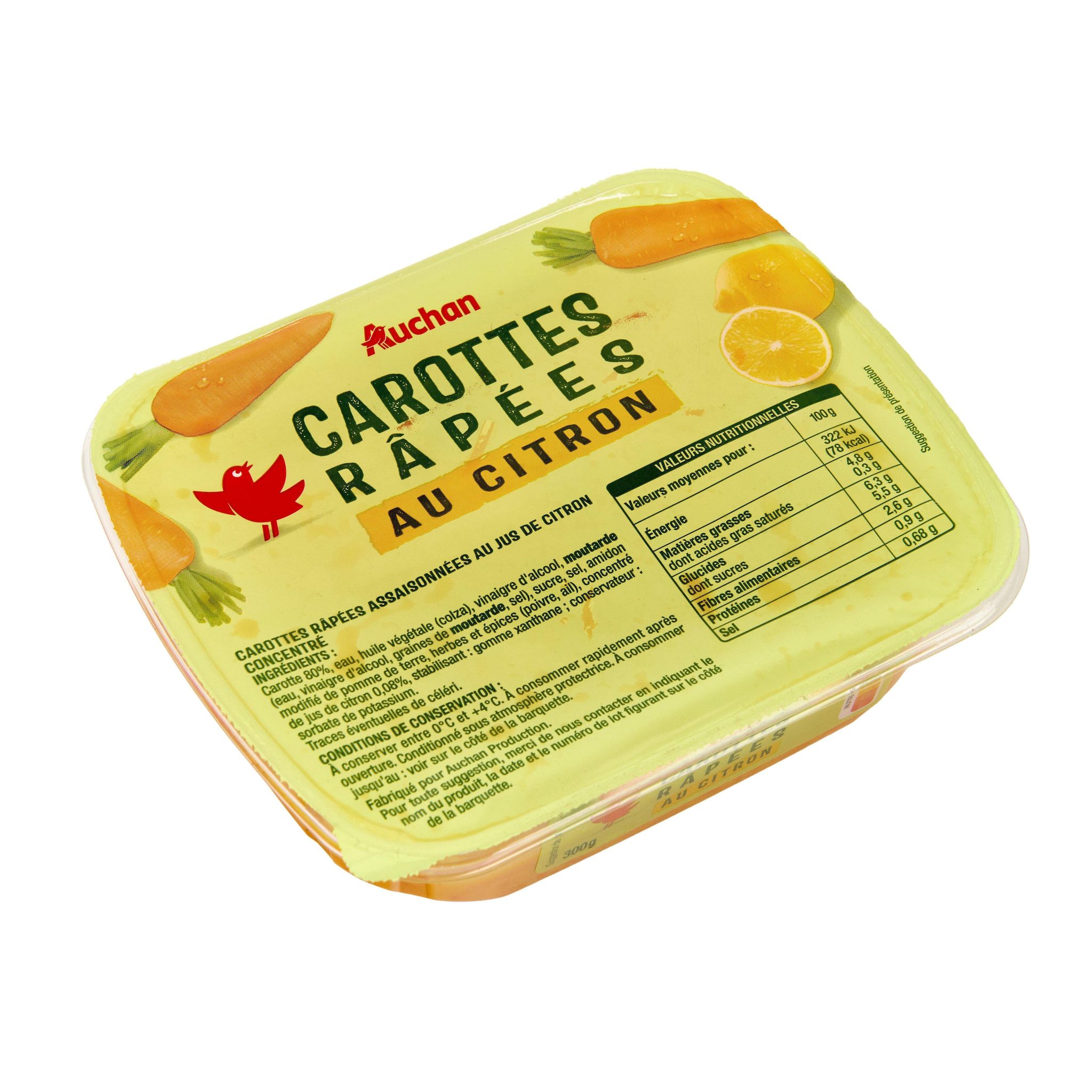 Voir la diapositive 2 : AUCHAN Carottes râpées au citron 300g