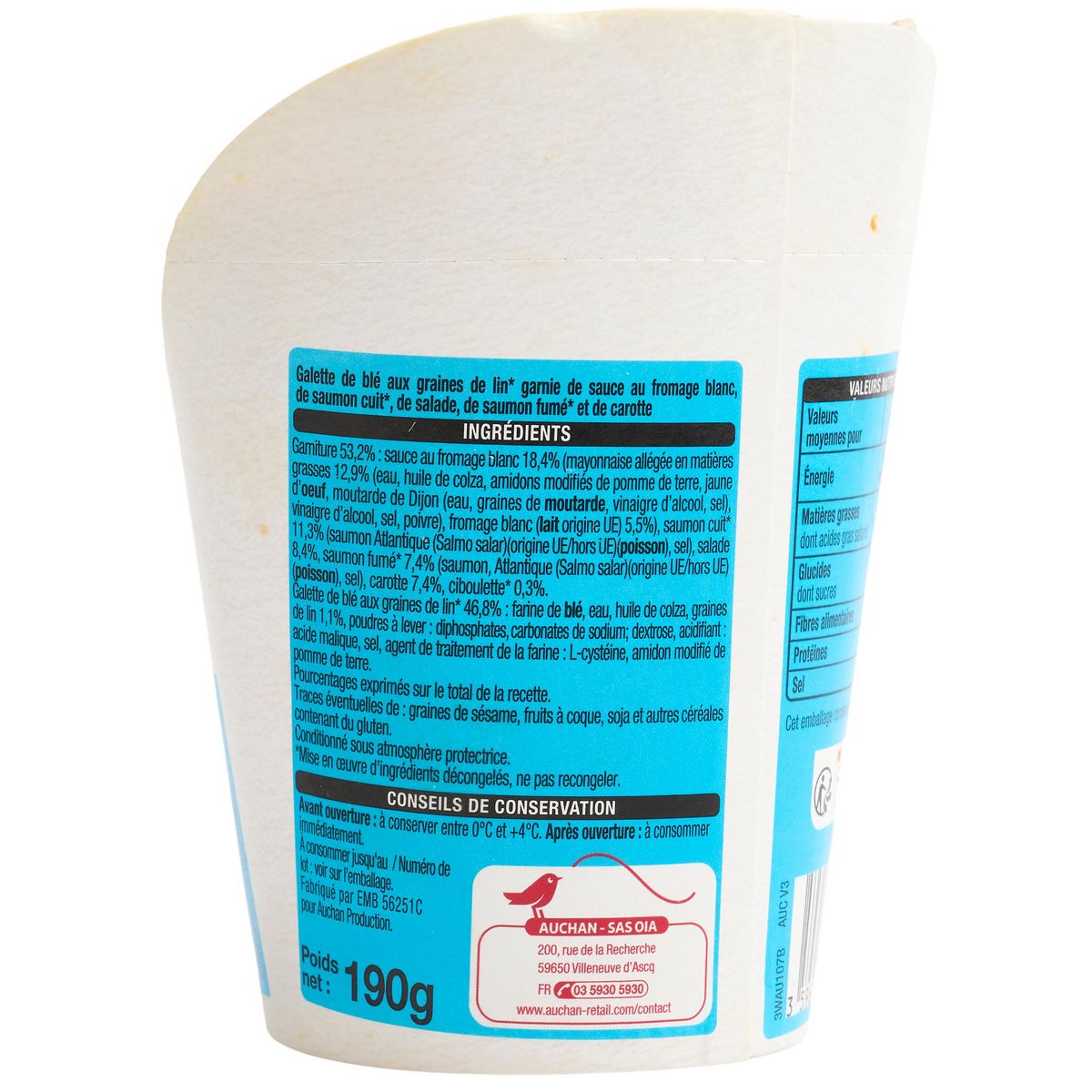 AUCHAN Wrap duo au saumon et sauce fromage blanc 2 pièces 190g