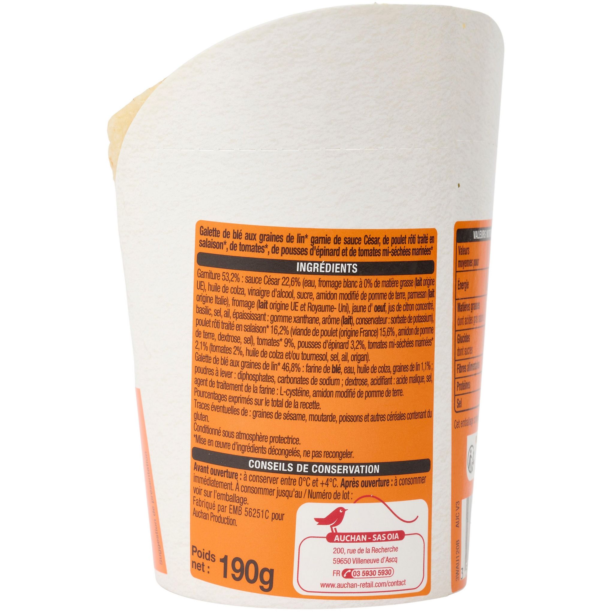 Voir la diapositive 2 : AUCHAN Le Wrap poulet rôti sauce césar 190g