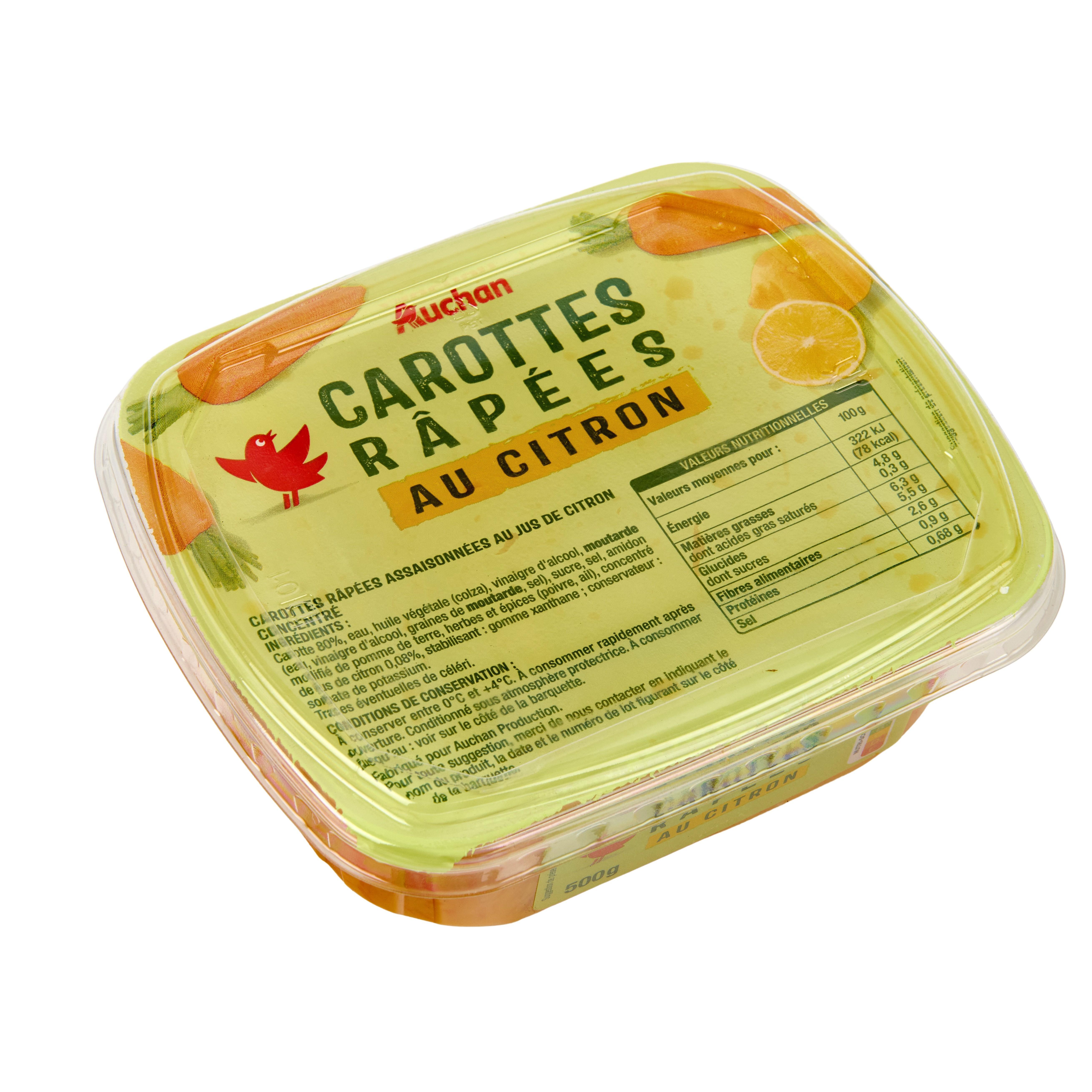 Voir la diapositive 2 : AUCHAN Carottes râpées au citron 500g
