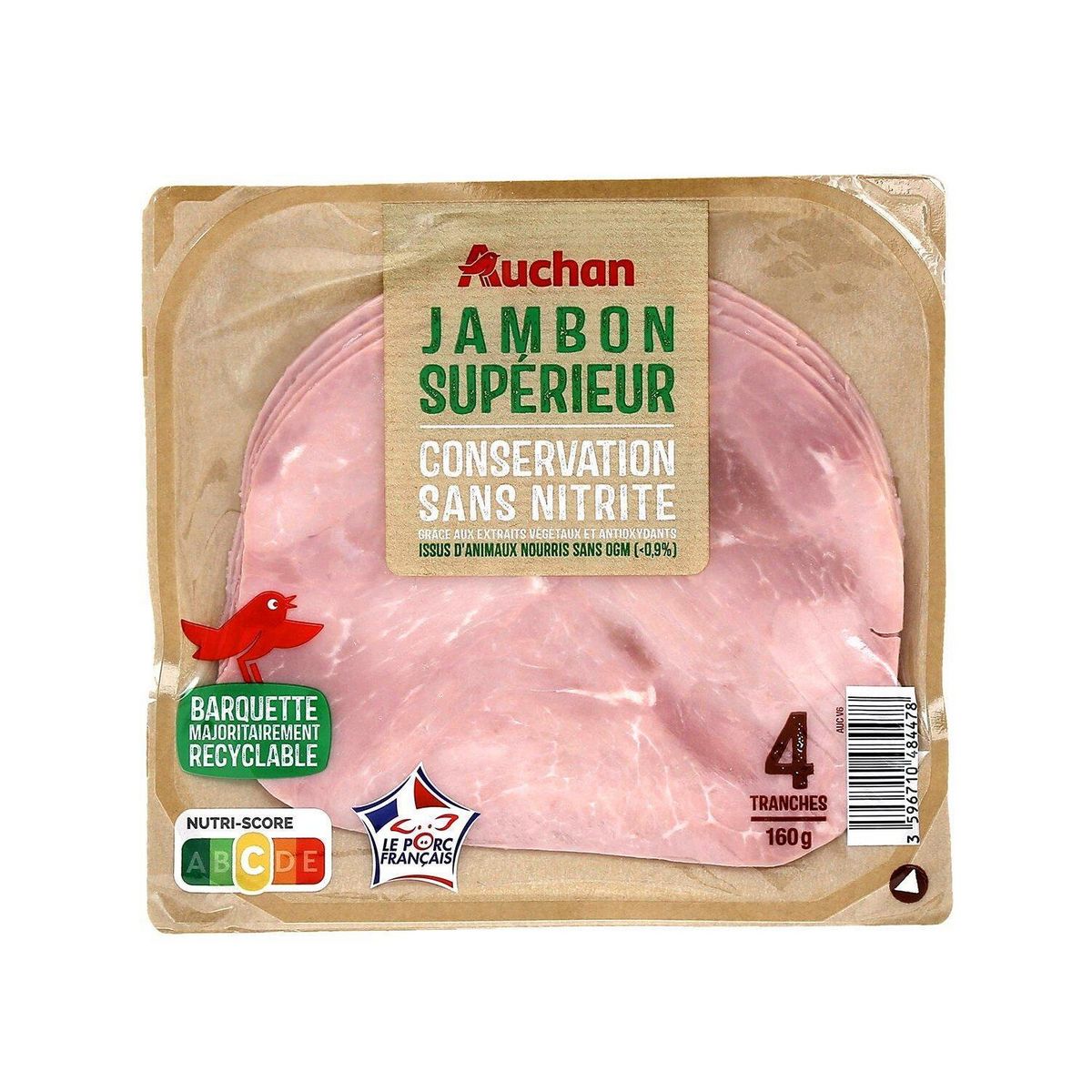 AUCHAN Jambon supérieur sans nitrite 4 tranches 160g