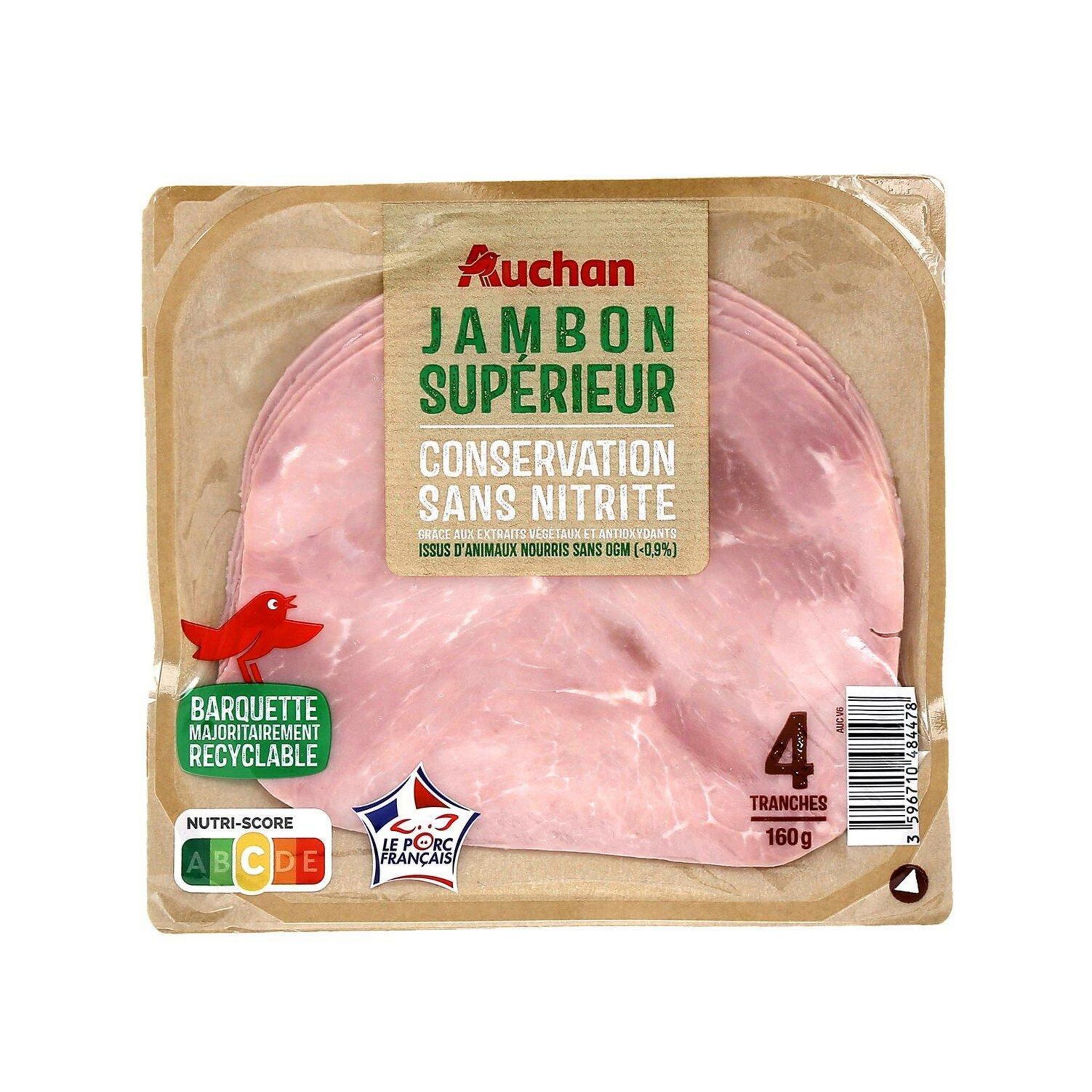 Voir la diapositive 2 : AUCHAN Jambon supérieur conservation sans nitrite 4 tranches 160g