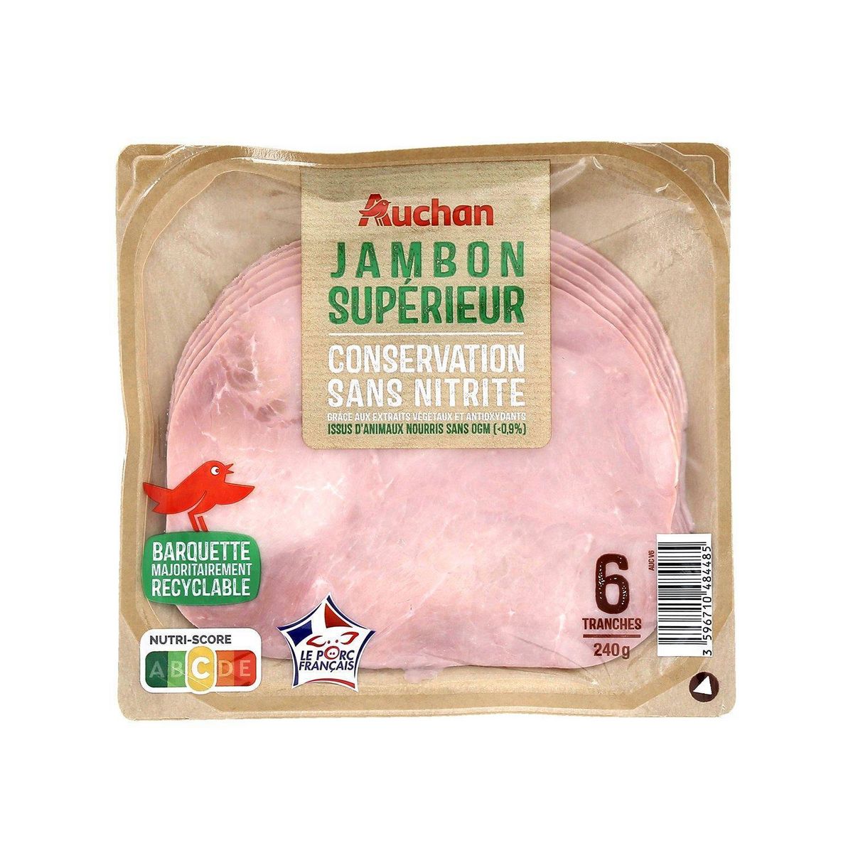 AUCHAN Jambon supérieur conservation sans nitrite 6 tranches 240g