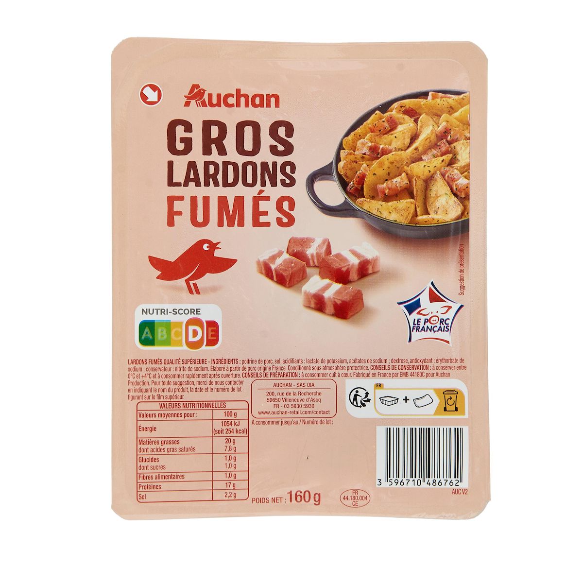AUCHAN Gros lardons fumés 160g
