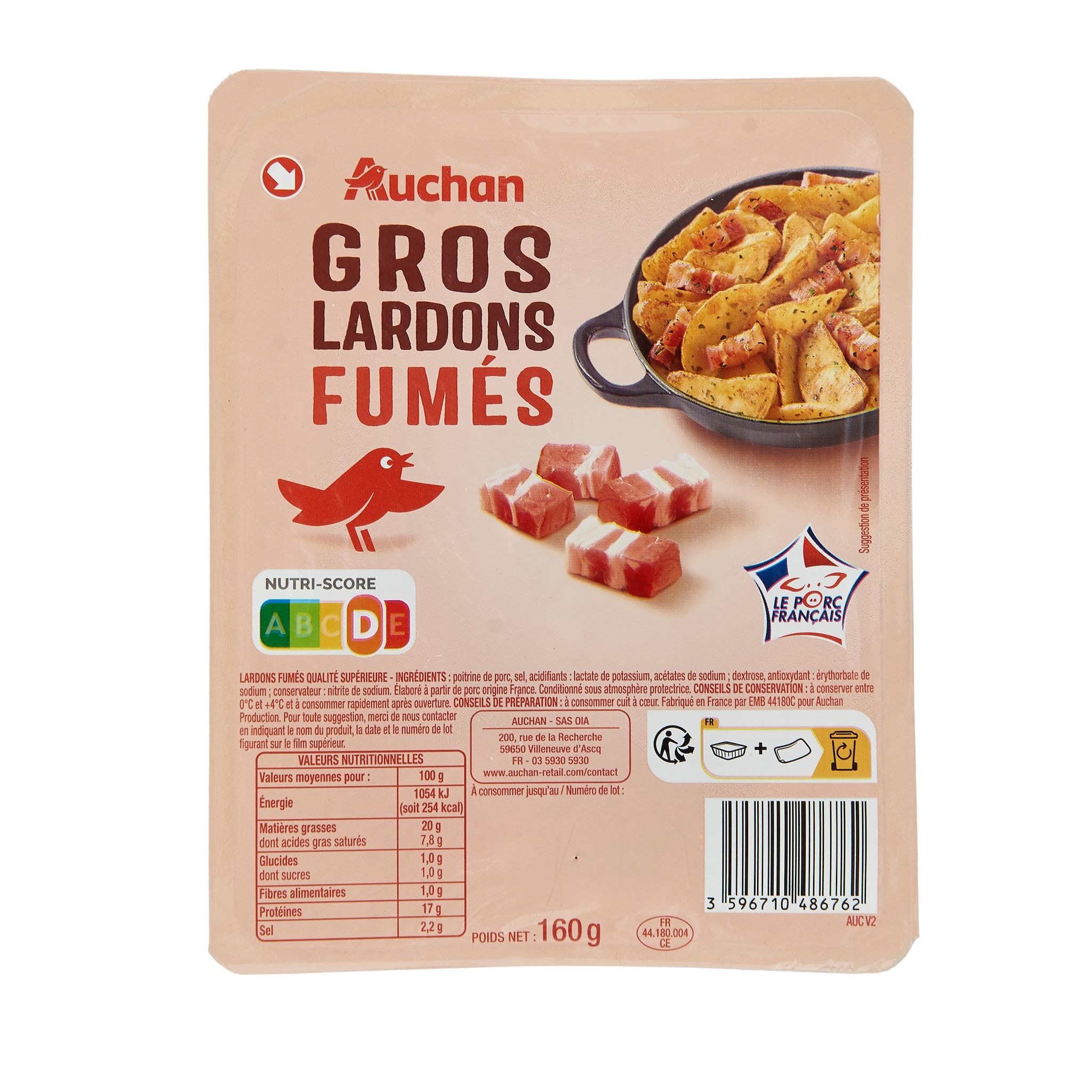 Voir la diapositive 2 : AUCHAN Gros lardons fumés 160g