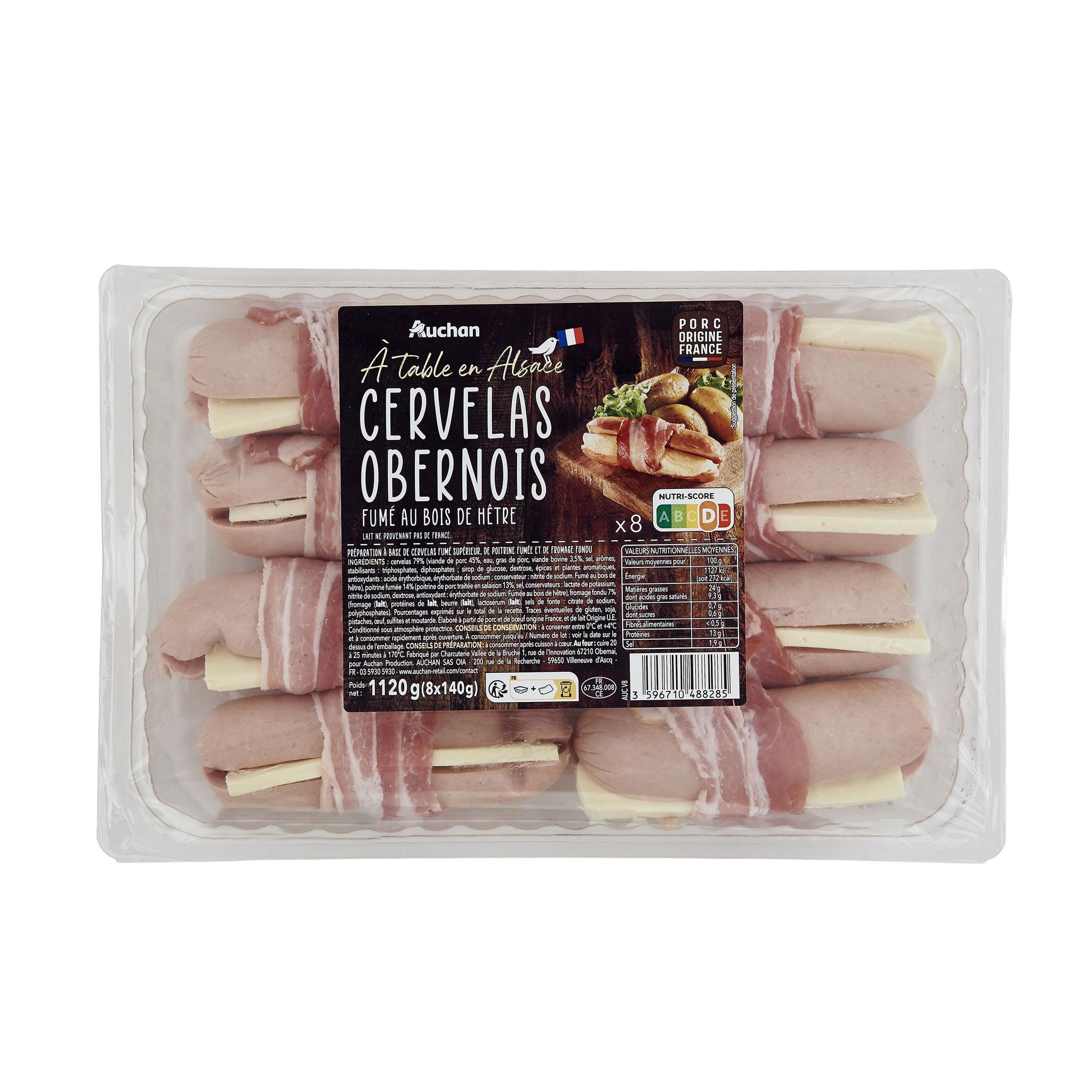 Voir la diapositive 2 : AUCHAN TERROIR Cervelas obernois 8x140g