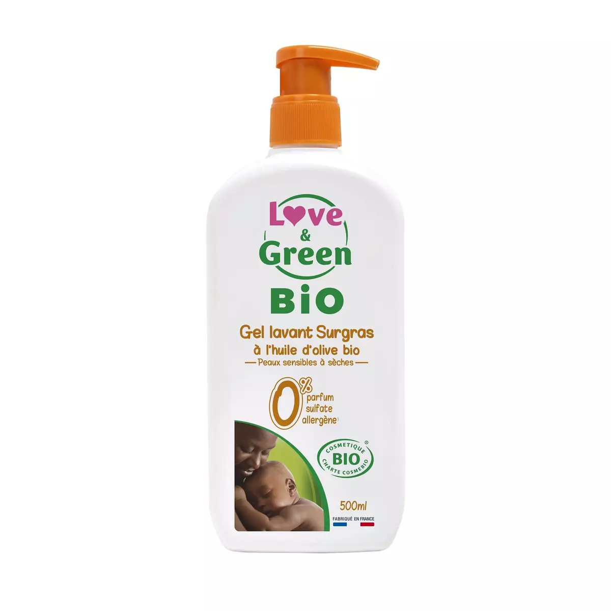 LOVE & GREEN Gel lavant surgras à l'huile d'olive bio peaux sensibles à sèches 500ml