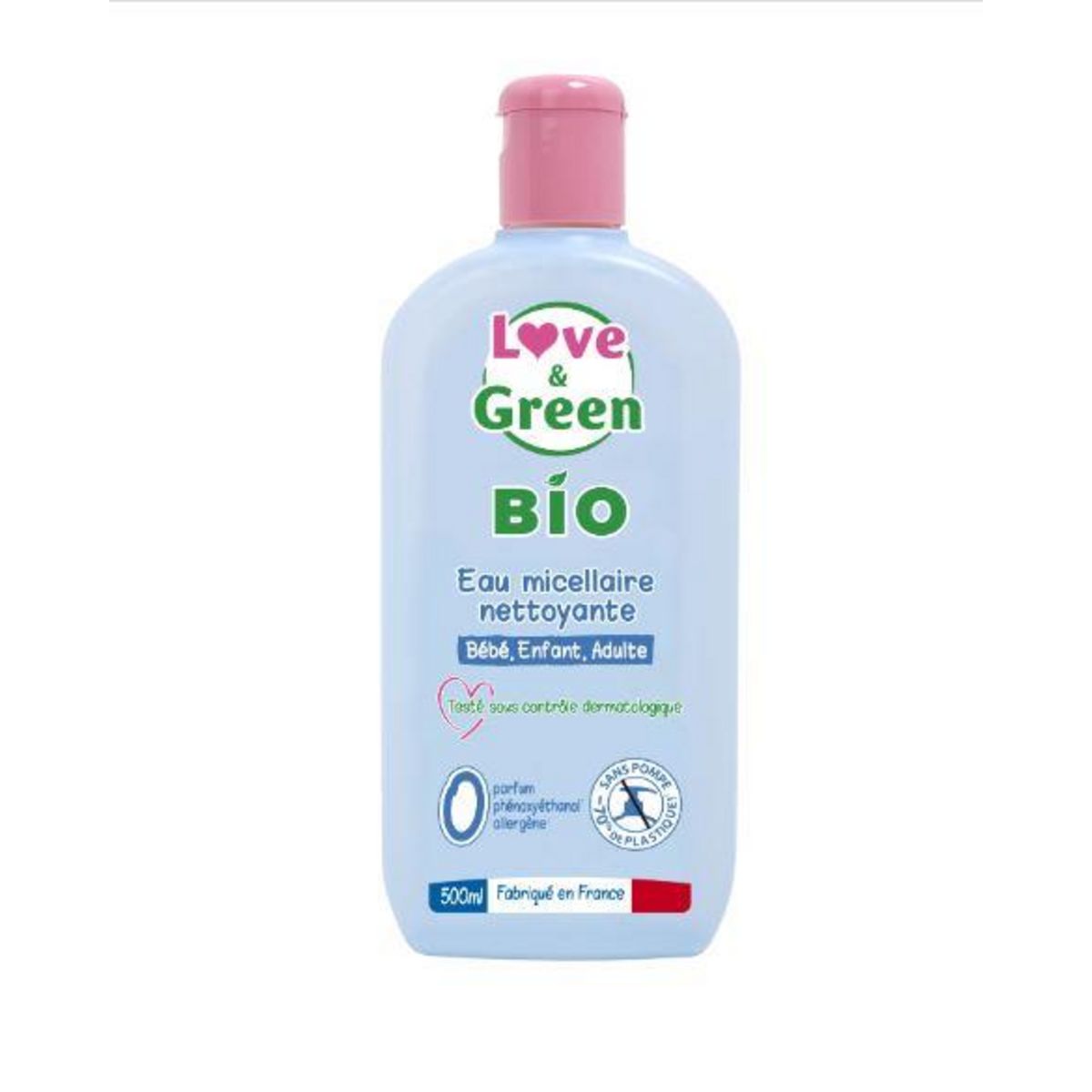 LOVE & GREEN Eau micellaire nettoyante sans parfum peaux sensibles et réactives bio 500ml