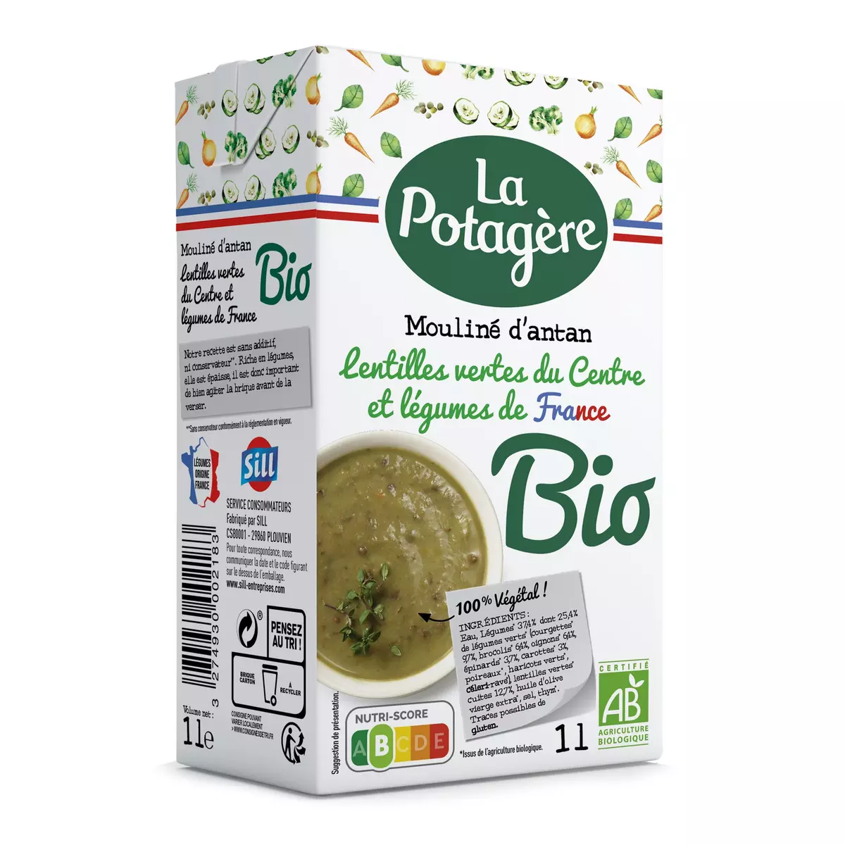 LA POTAGERE Mouliné d'antan soupe liquide bio lentilles vertes légumes 1l