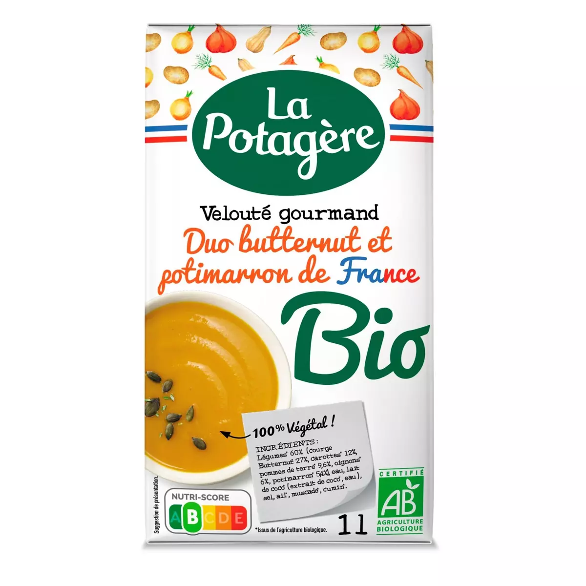LA POTAGERE Soupe bio veloutée gourmande duo butternut et potimarron de France 1 brique 1l