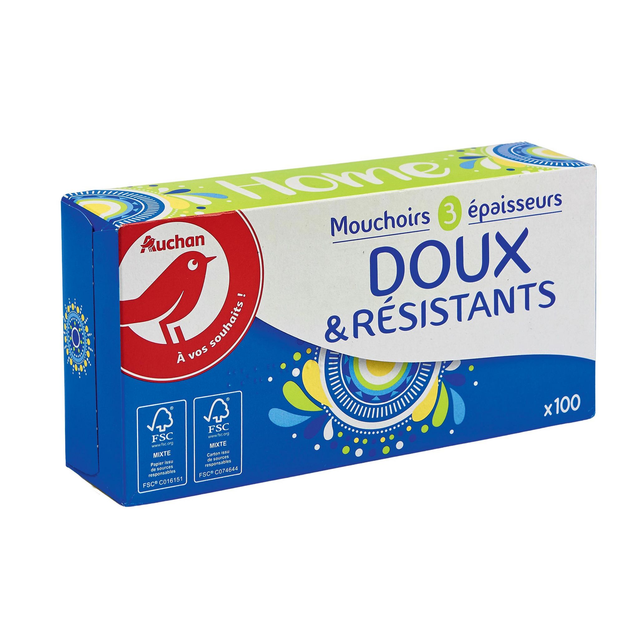 Voir la diapositive 2 : AUCHAN Boîte de mouchoirs doux et résistants 3 épaisseurs 100 mouchoirs